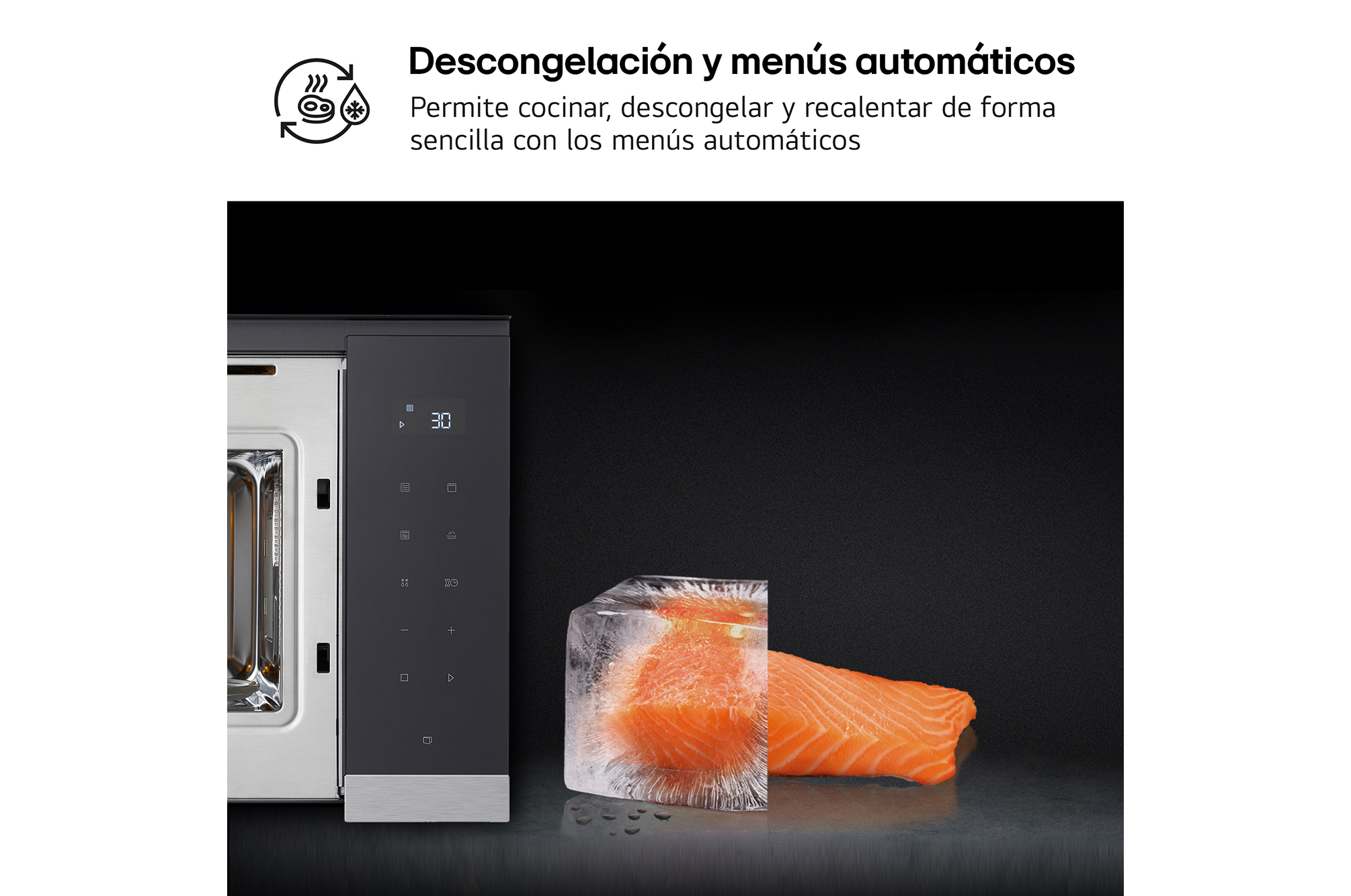 Calidad y sabor en tus platos. Mantiene el sabor y los nutrientes de tus platos al evitar la destrucción de las células. Microondas con salmón descongelándose.