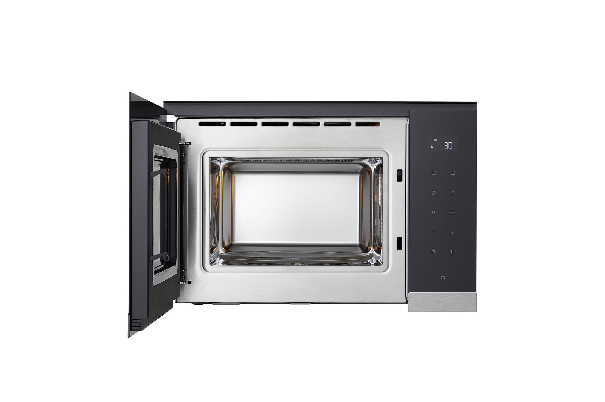 Un horno de microondas con la puerta abierta. El interior es de acero inoxidable. El panel de control muestra '30'. Marco negro y fondo blanco.