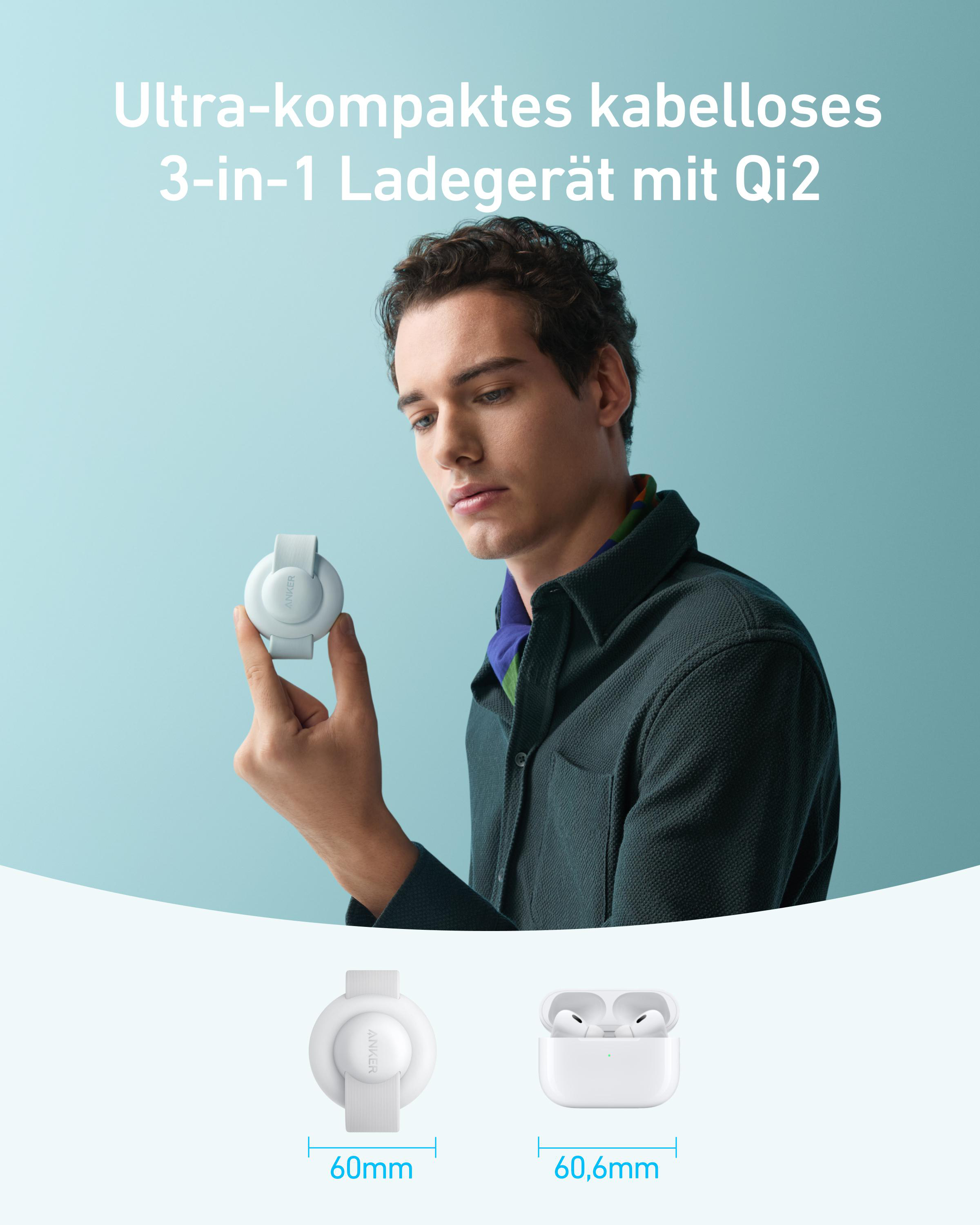 Ein Mann hält ein weißes 3-in-1-Wireless-Ladegerät. Text lautet 'Ultra-kompaktes kabelloses 3-in-1 Ladegerät mit Qi2'.