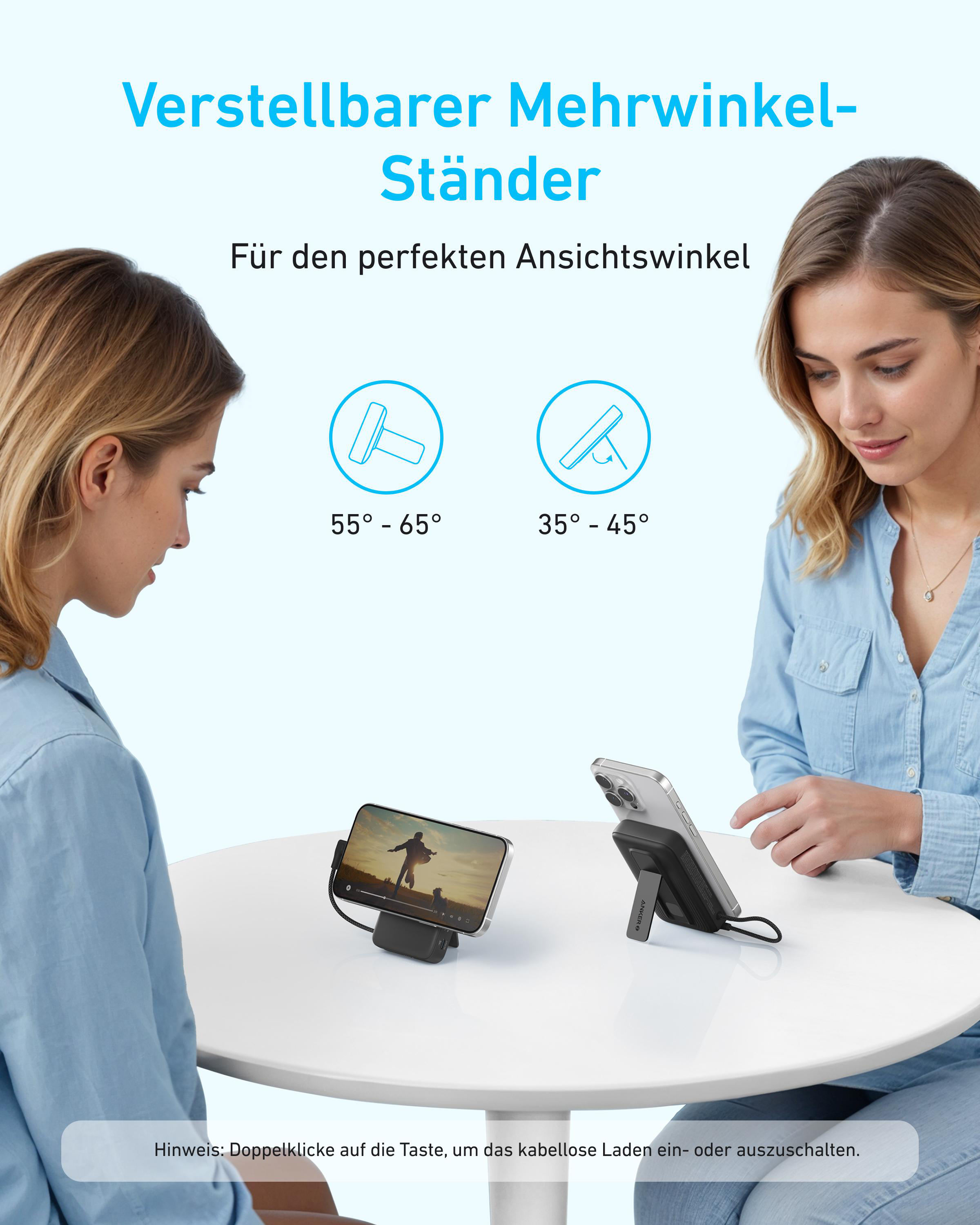 Zwei Frauen neben einem Tisch mit zwei Smartphones auf Ständern. Text über verstellbaren Mehrwinkelständer.