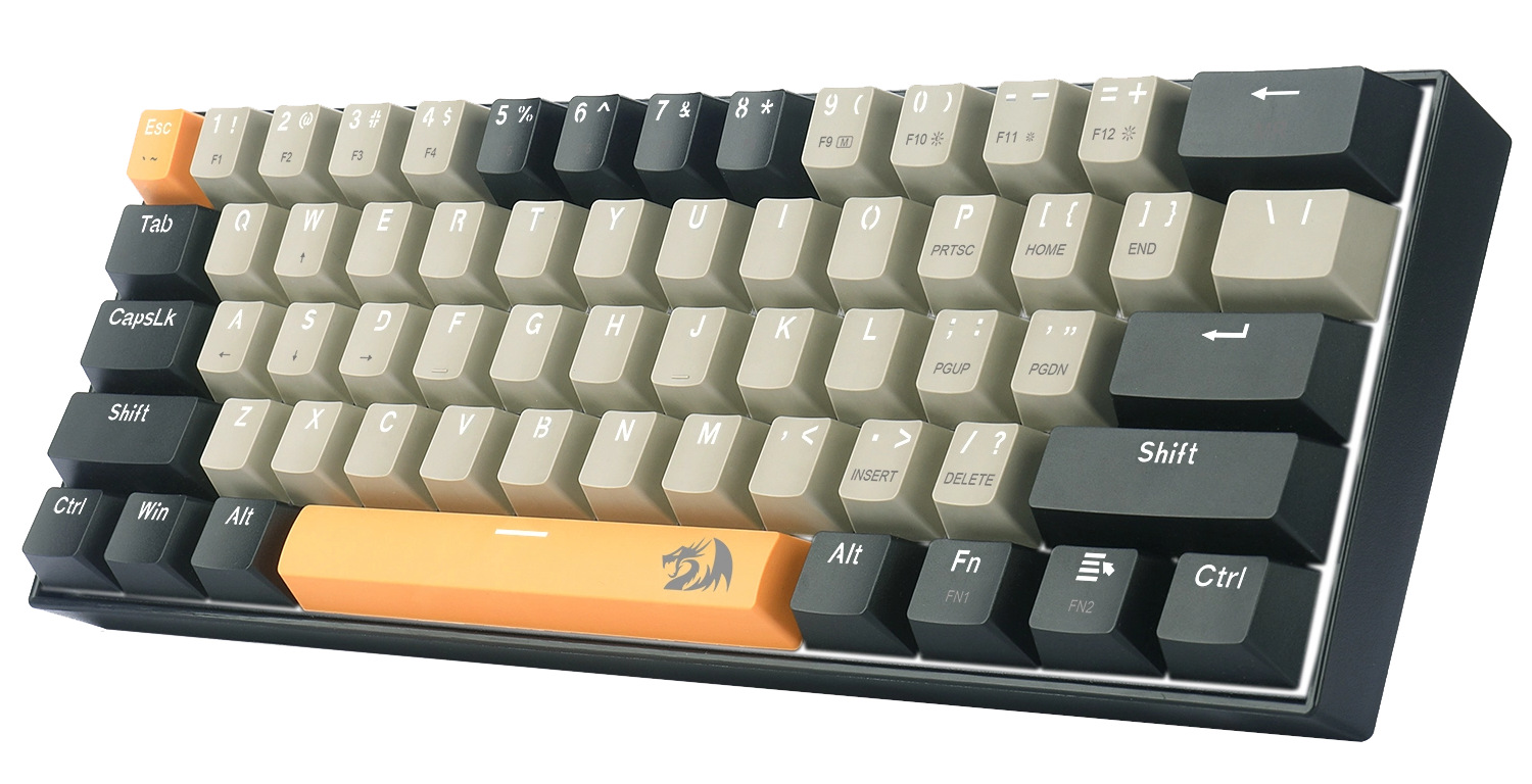 Klawiatura mechaniczna z czarnymi i beżowymi klawiszami. Widoczne pomarańczowe klawisze escape i spacji. Rama jest czarna.