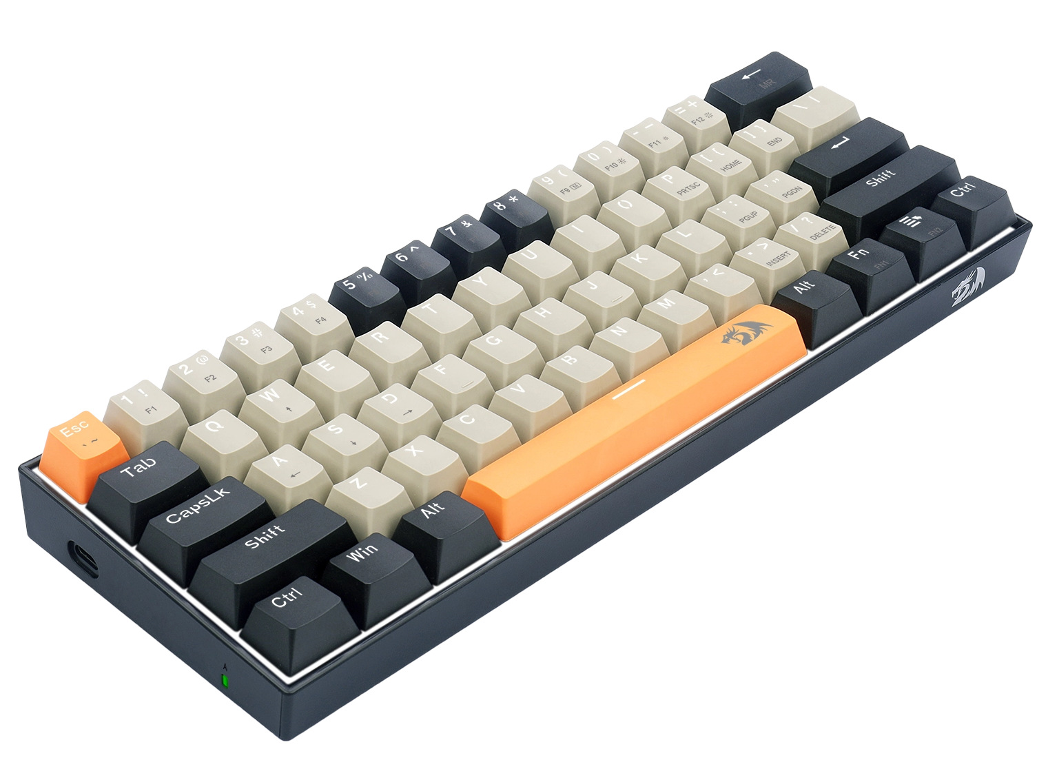 Klawiatura mechaniczna z czarnymi, beżowymi i pomarańczowymi klawiszami. Klawisze są opisane literami, cyframi i symbolami.