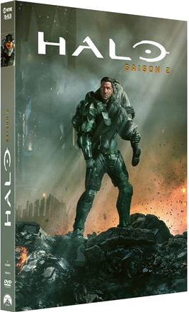 Couverture du DVD Halo Saison 2. Un soldat porte un autre. Le titre est en blanc. Le fond montre une ville détruite.