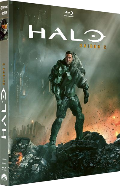 Couverture Blu-ray de Halo Saison 2. Un soldat en armure verte en porte un autre. L'arrière-plan montre un environnement détruit.