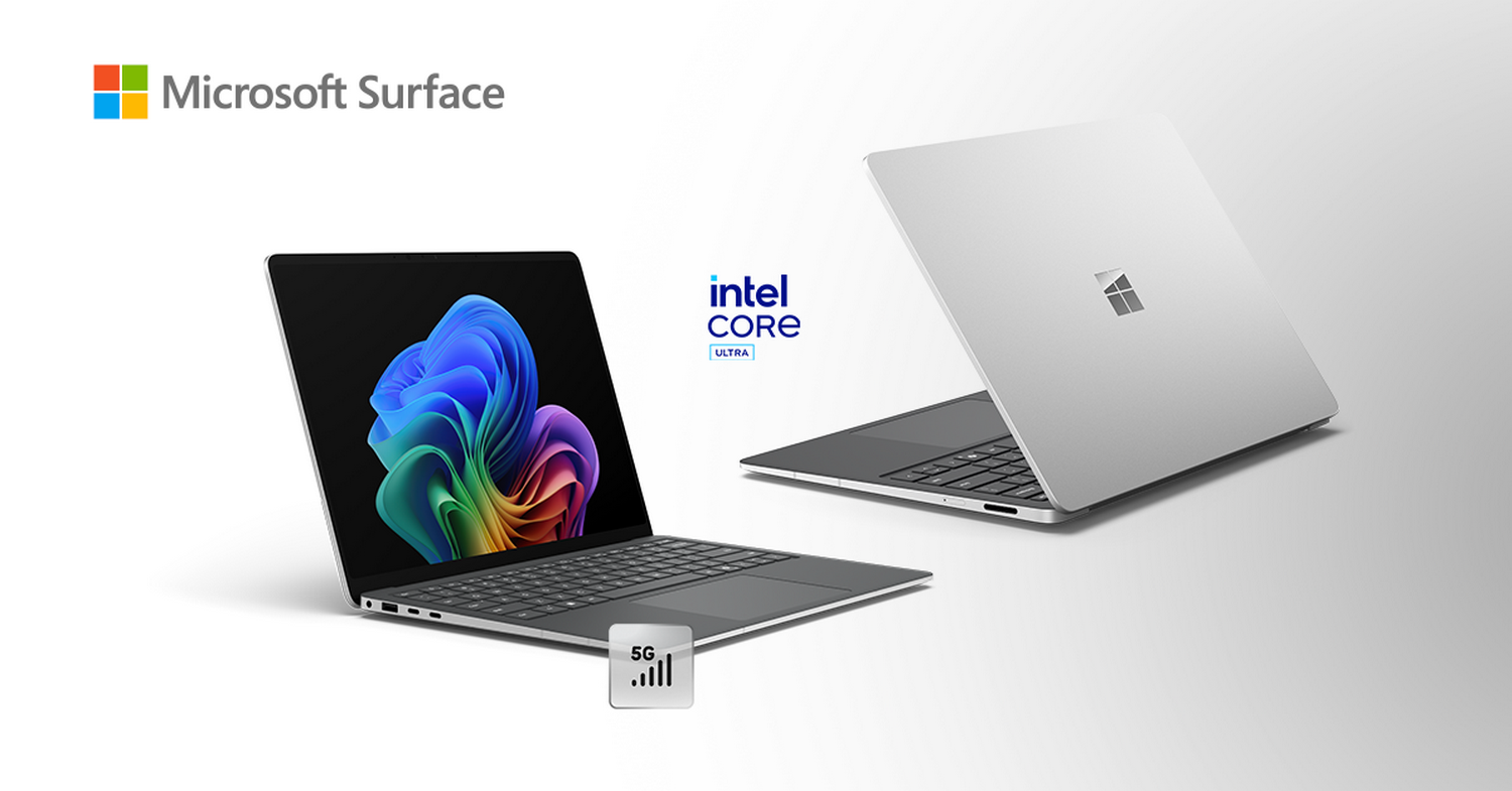 Dos portátiles plateados Microsoft Surface. Uno abierto con pantalla colorida, otro cerrado. Logos Intel Core Ultra y 5G visibles.