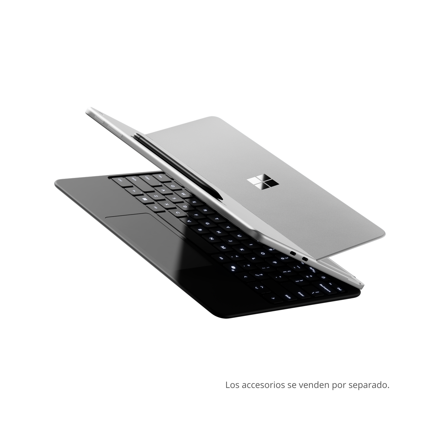 Convertible 2 en 1 con teclado negro y un lápiz sobre fondo blanco. Texto: Accesorios se venden por separado, lápiz y teclado no incluidos.
