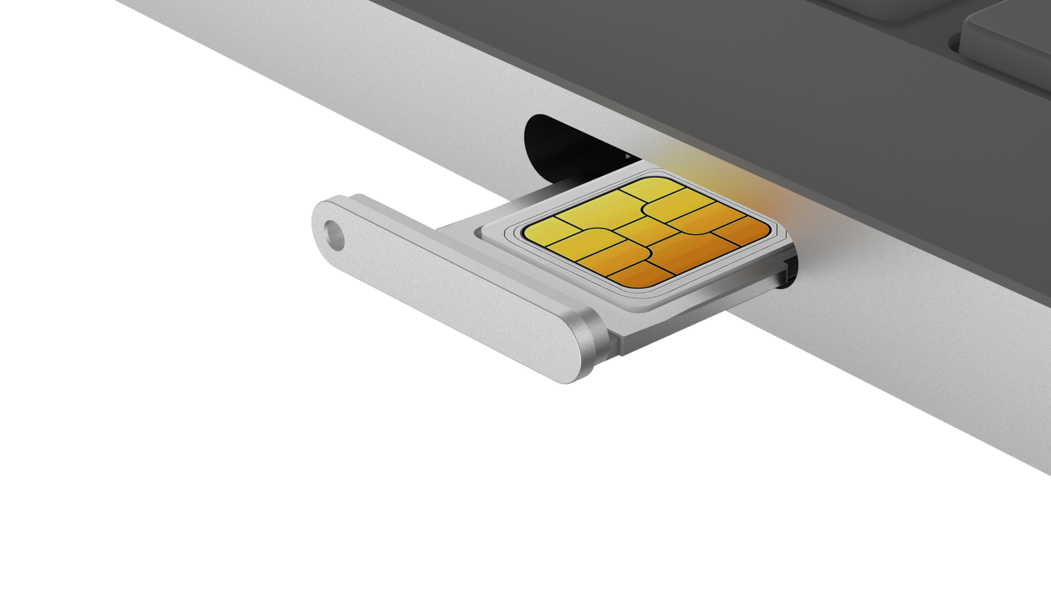 Una bandeja de tarjeta SIM con una tarjeta SIM insertada, se extrae parcialmente de una computadora portátil gris. La tarjeta SIM es amarilla y naranja.