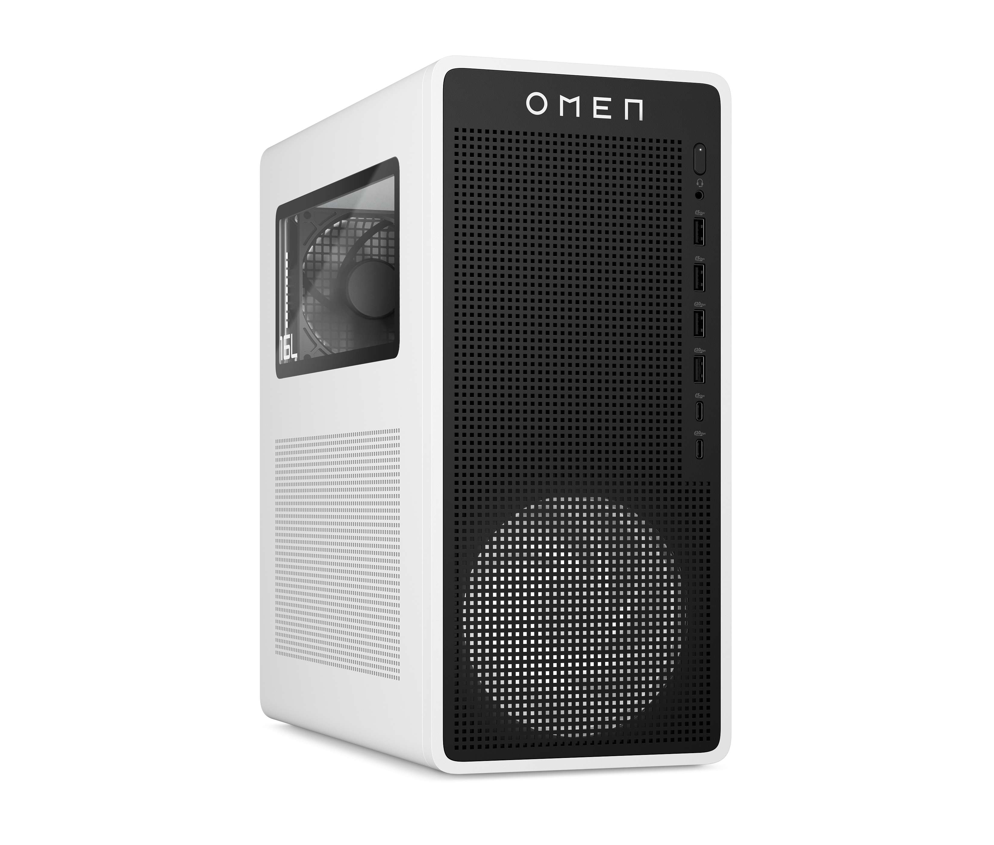 Ein weiß-schwarzes OMEN-PC-Gehäuse. Die Vorderseite hat ein schwarzes Gitter, Anschlüsse und das OMEN-Logo.