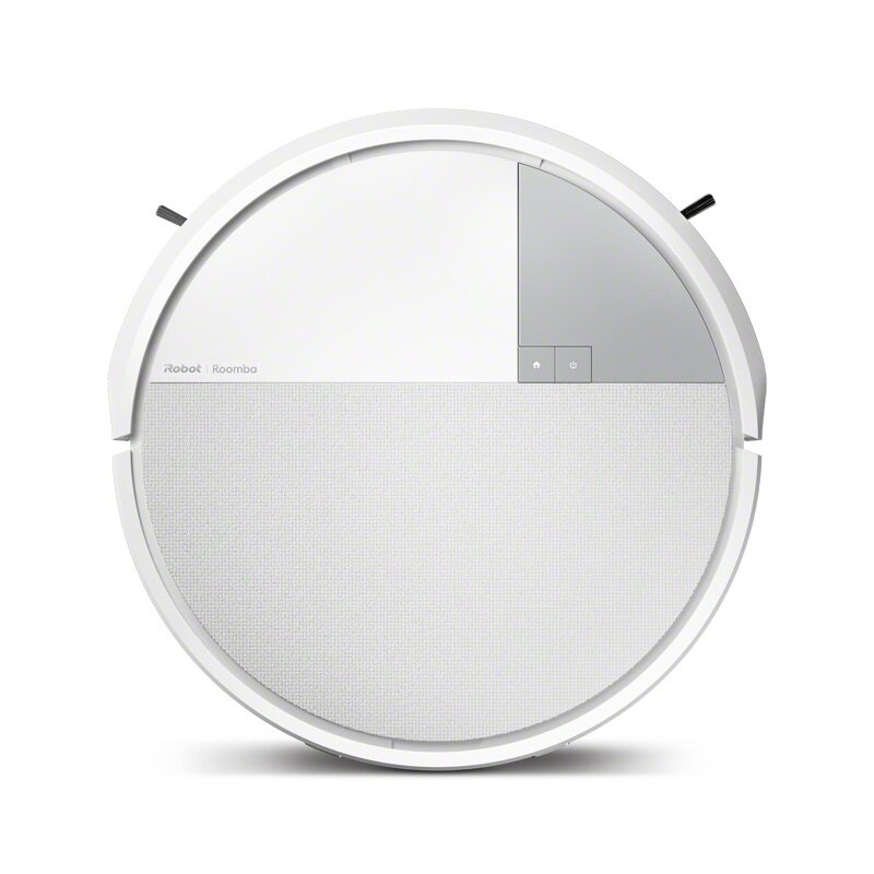 Biały odkurzacz robot Roomba. Góra ma biało-szary odcinek z przyciskami, a dół to teksturowana biała powierzchnia.