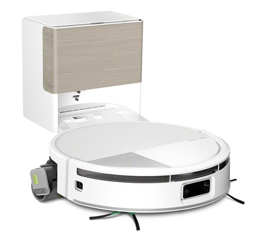 Biało-szary robot odkurzający z stacją dokującą. Odkurzacz ma okrągły kształt, stacja jest prostokątna z wzorem drewna.