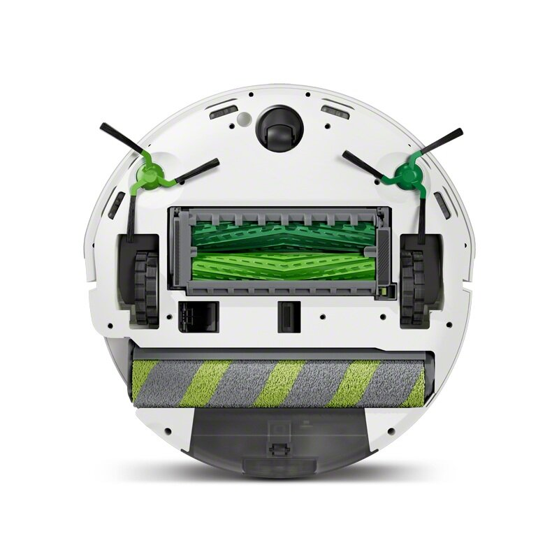 Widok od spodu białego robota odkurzającego. Posiada szczotki, koła i rolki czyszczące. Zielone i szare akcenty.