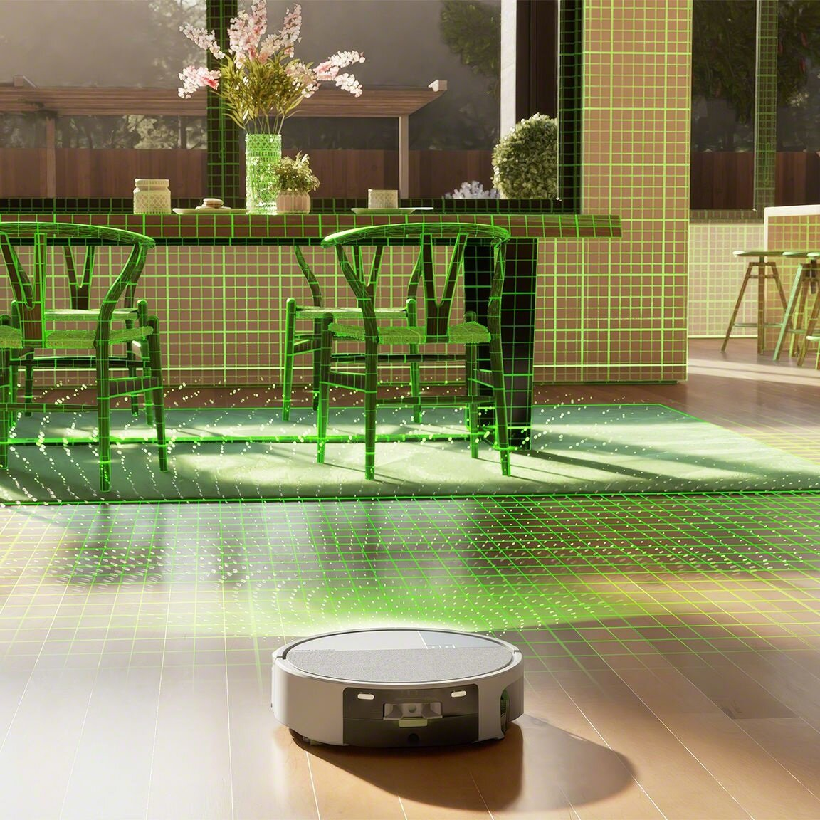 Robot sprząta jadalnię ze stołem, krzesłami i roślinami. Zielona siatka nakłada się na scenę.