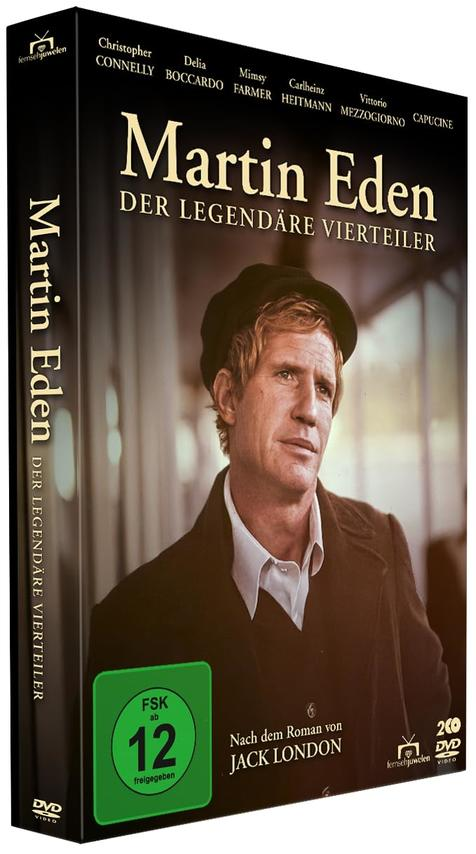 DVD-Cover von 'Martin Eden'. Ein Mann mit Mütze ist im Fokus. Text enthält Namen und 'Der Legendäre Vierteiler'.