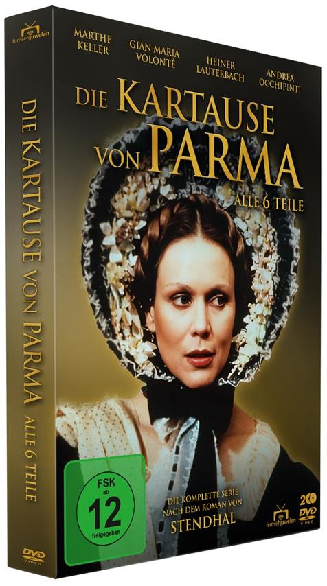 DVD-Box-Cover. Eine Frau mit Haube ist das zentrale Bild, mit dem Titel "Die Kartause von Parma". Details umfassen Schauspieler und Bewertung.