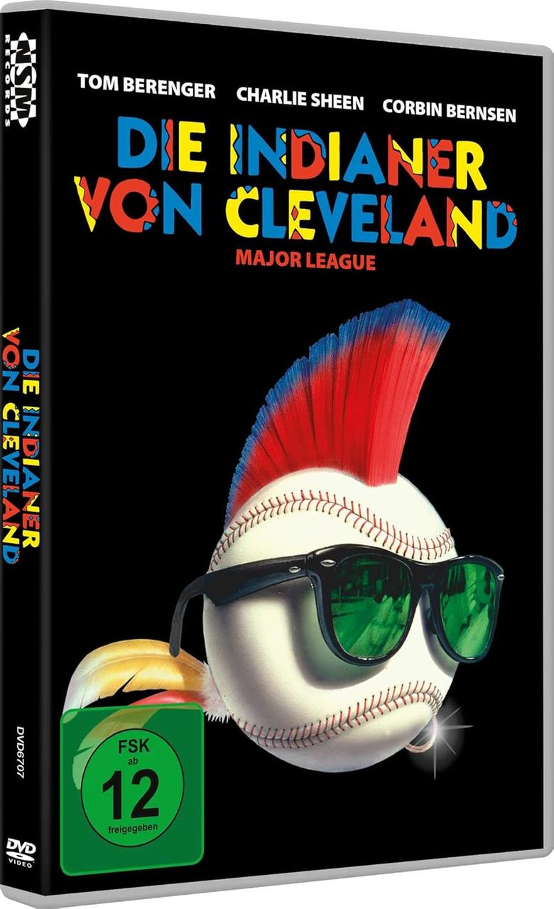 DVD-Cover. Ein Baseball mit Irokesenschnitt und Sonnenbrille. Titel: Die Indianer Von Cleveland, Major League. Namen der Schauspieler sind aufgeführt.