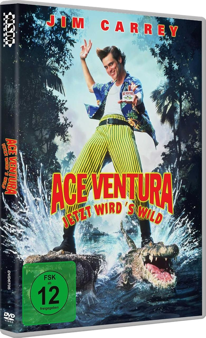 Jim Carrey als Ace Ventura. Er trägt eine gestreifte Hose, ein Blumenhemd und steht auf einem Krokodil. Der Titel lautet "Ace Ventura".