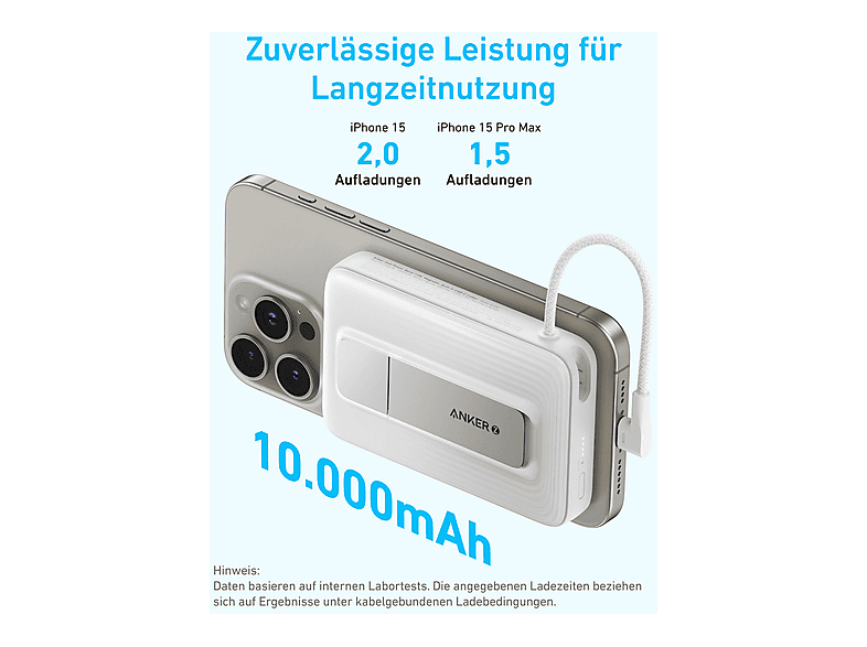 Thumbnail - ANKER Zolo Wireless (10K, 30W, integriertes USB-C Kabel) Powerbank 10000 mAh Schwarz