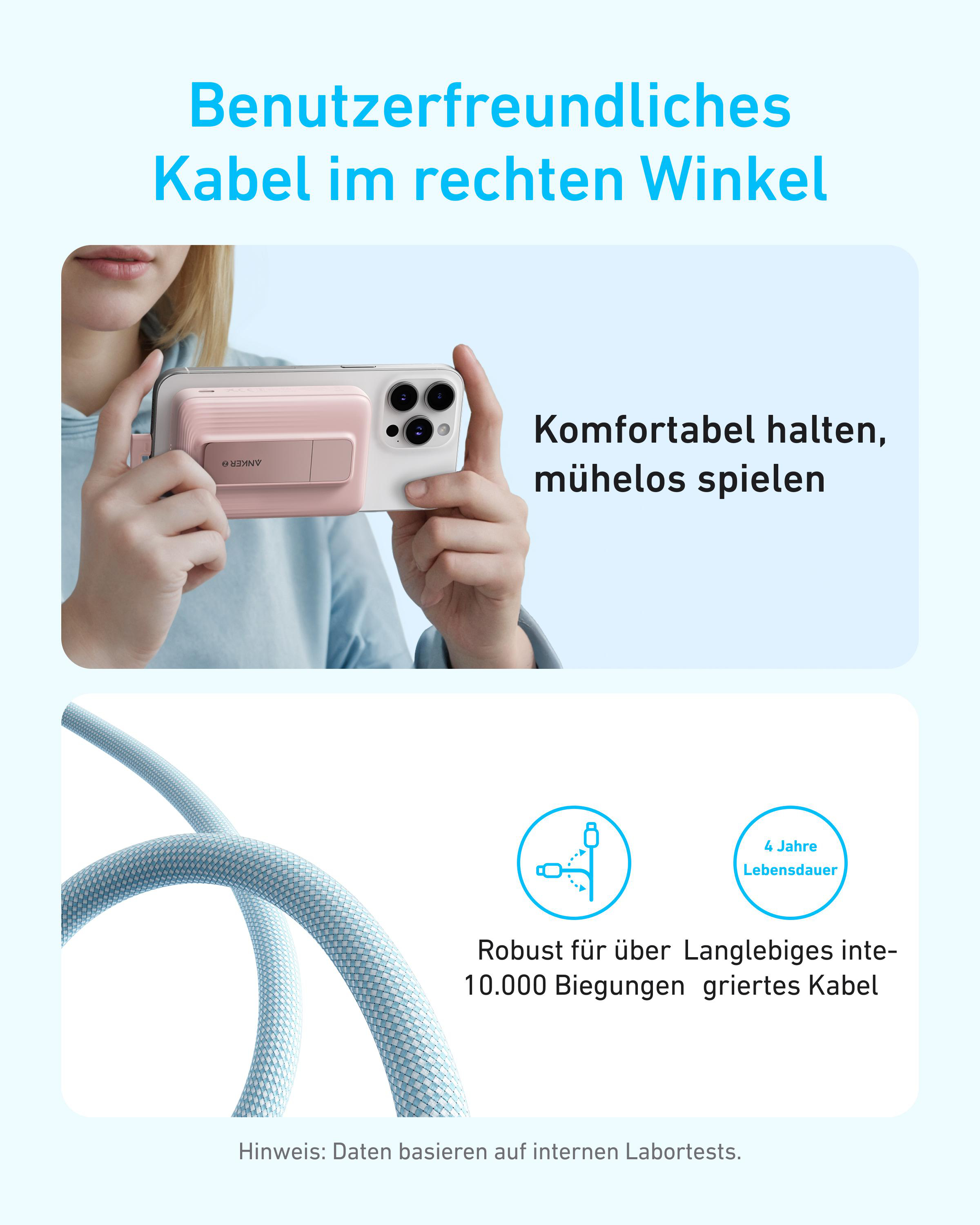 Bild zeigt Person mit Handy und Anker-Gerät. Text hebt Kabelfunktionen und Haltbarkeit hervor.
