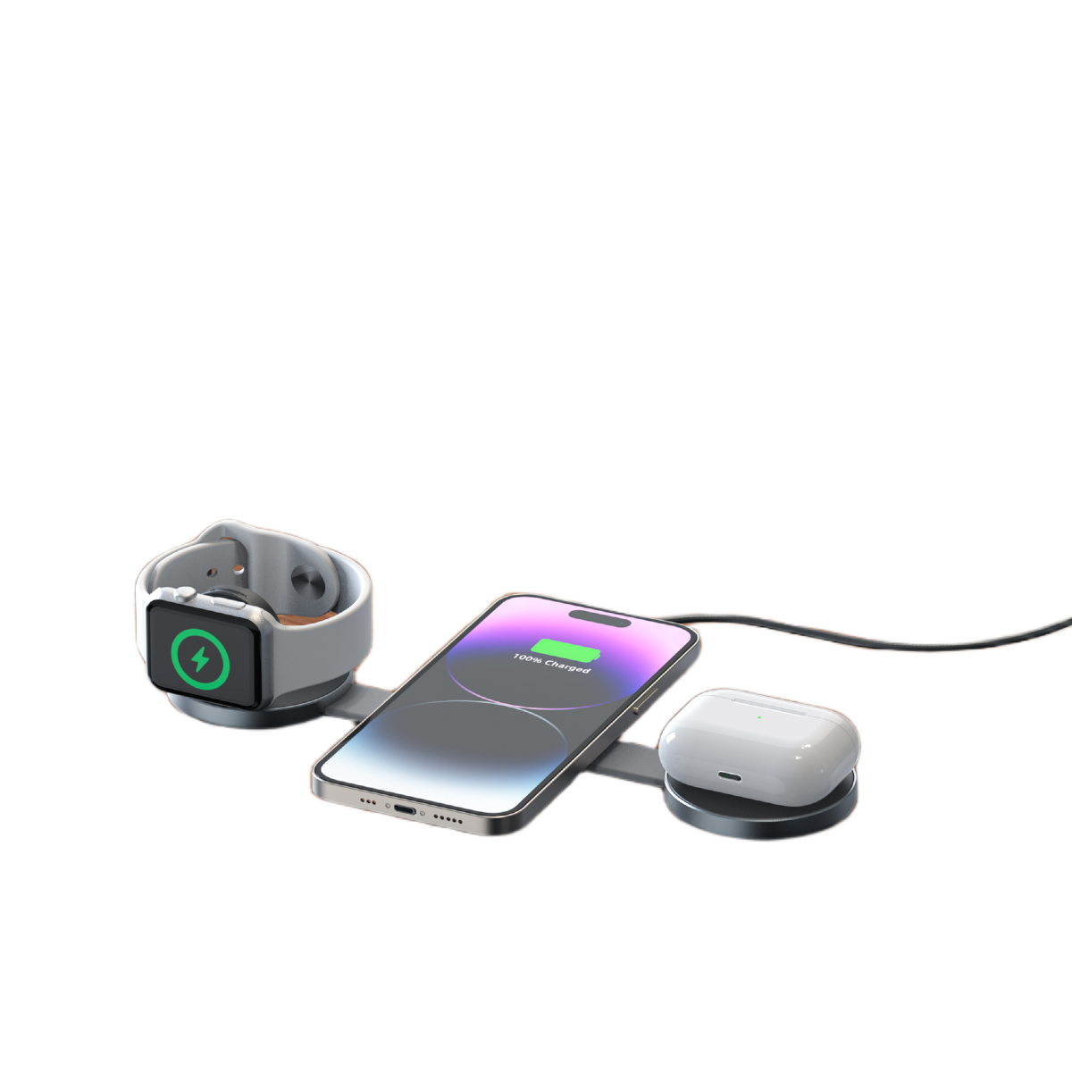Gümüş bir Apple Watch, bir akıllı telefon ve beyaz Airpods ile bir şarj istasyonu. Telefonda %100 şarj yazıyor.