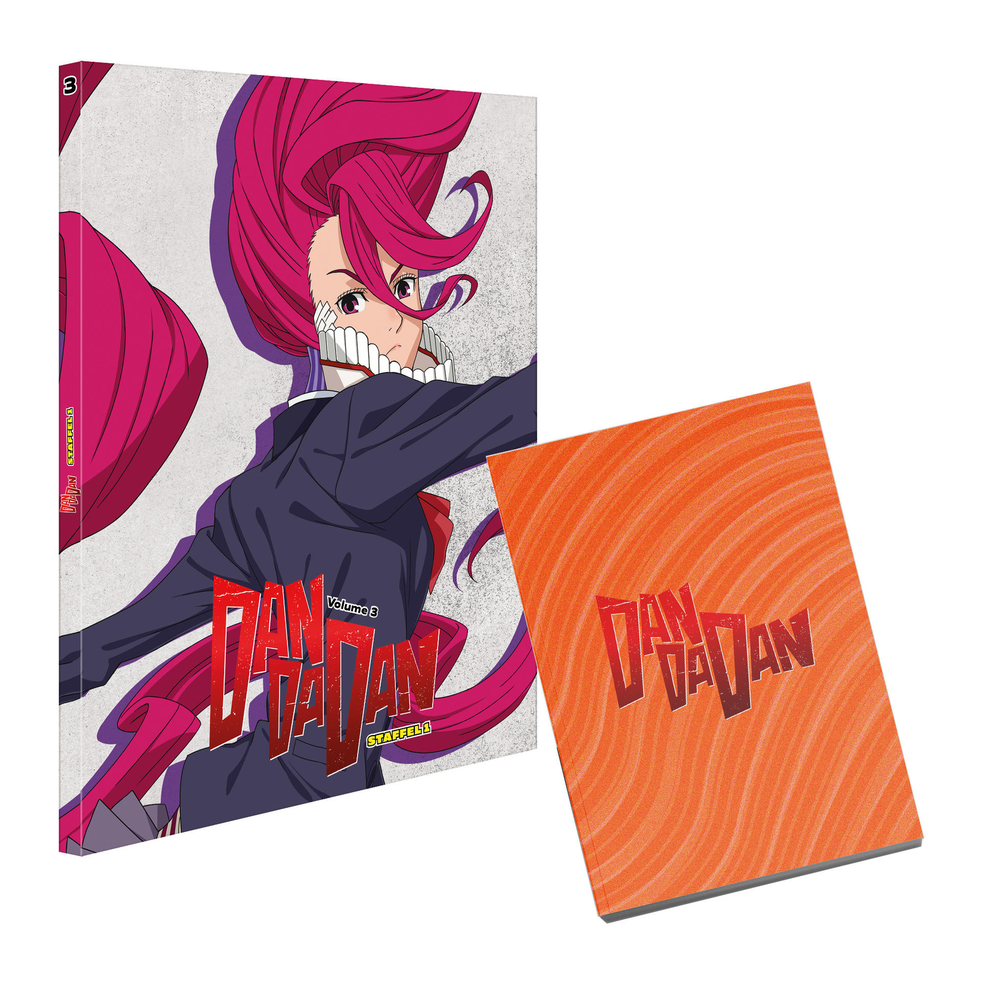 Anime-Cover-Art einer Frau mit pinken Haaren und einem dunklen Anzug. Der Titel "Dan Da Dan" wird angezeigt.