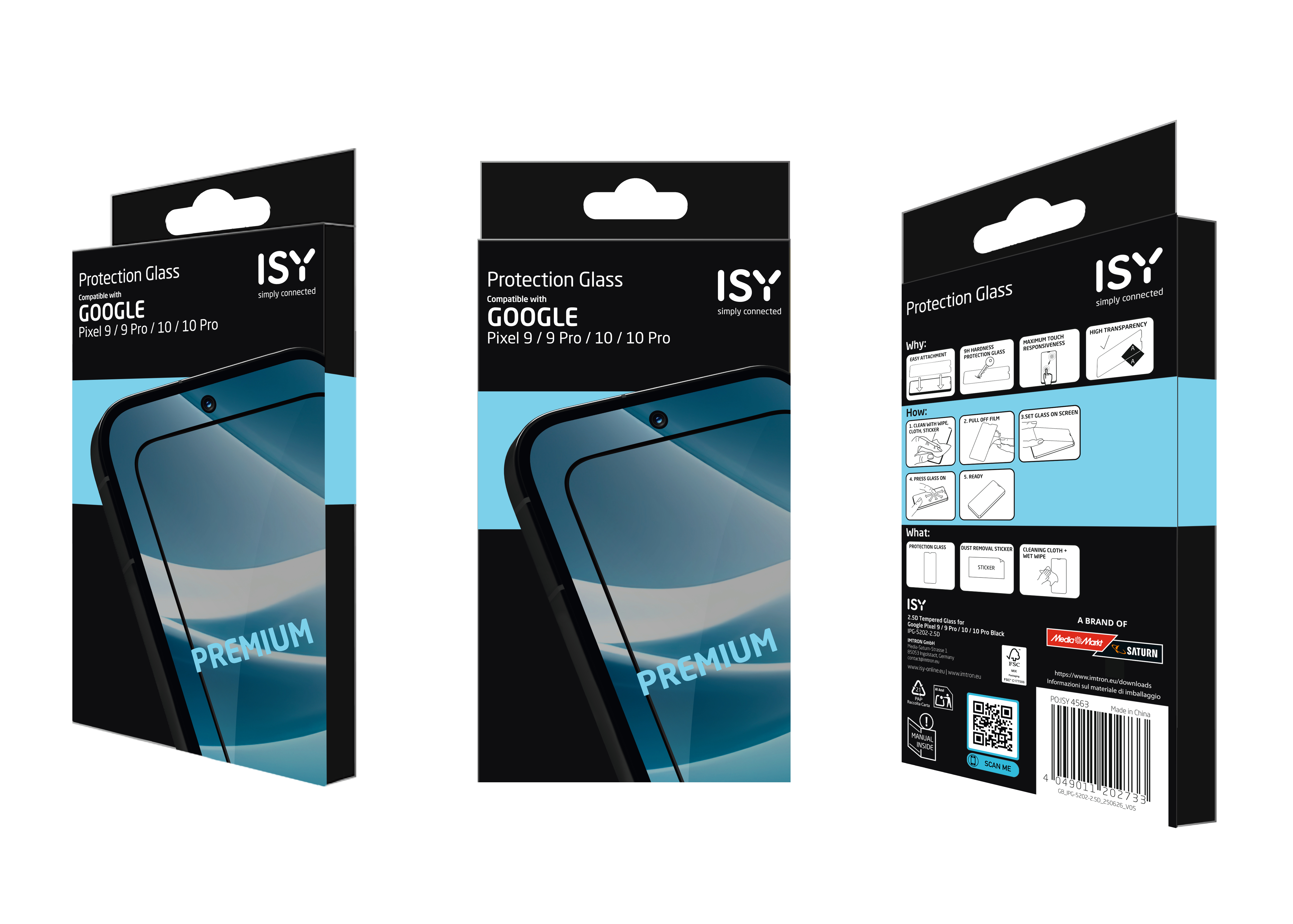 Produktverpackung für einen Displayschutz. Mit Logo, Modellbezeichnung und Premium-Label.