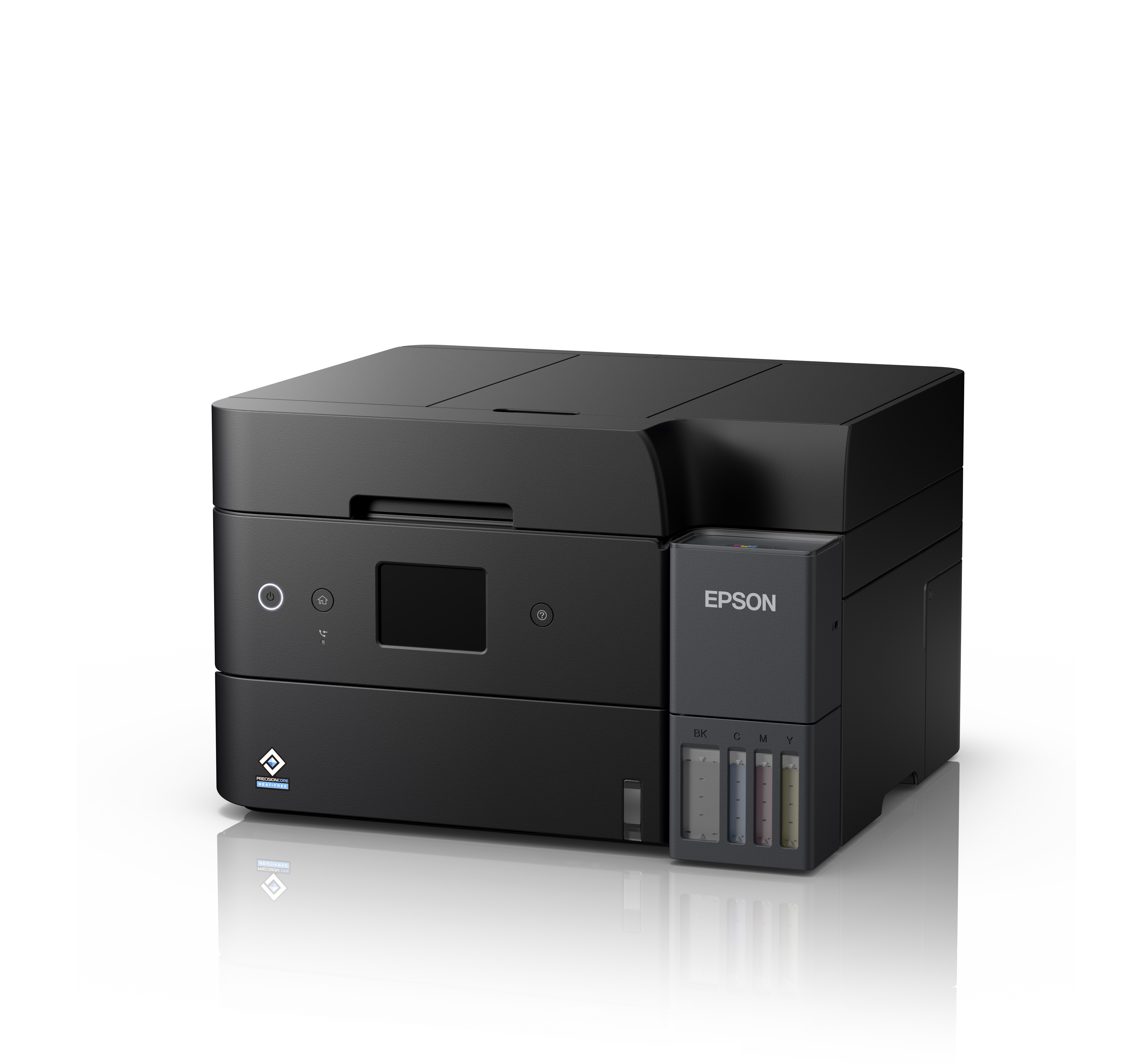 Beyaz zemin üzerinde siyah bir Epson yazıcı. Ekranı, mürekkep tankları ve Epson logosu var.