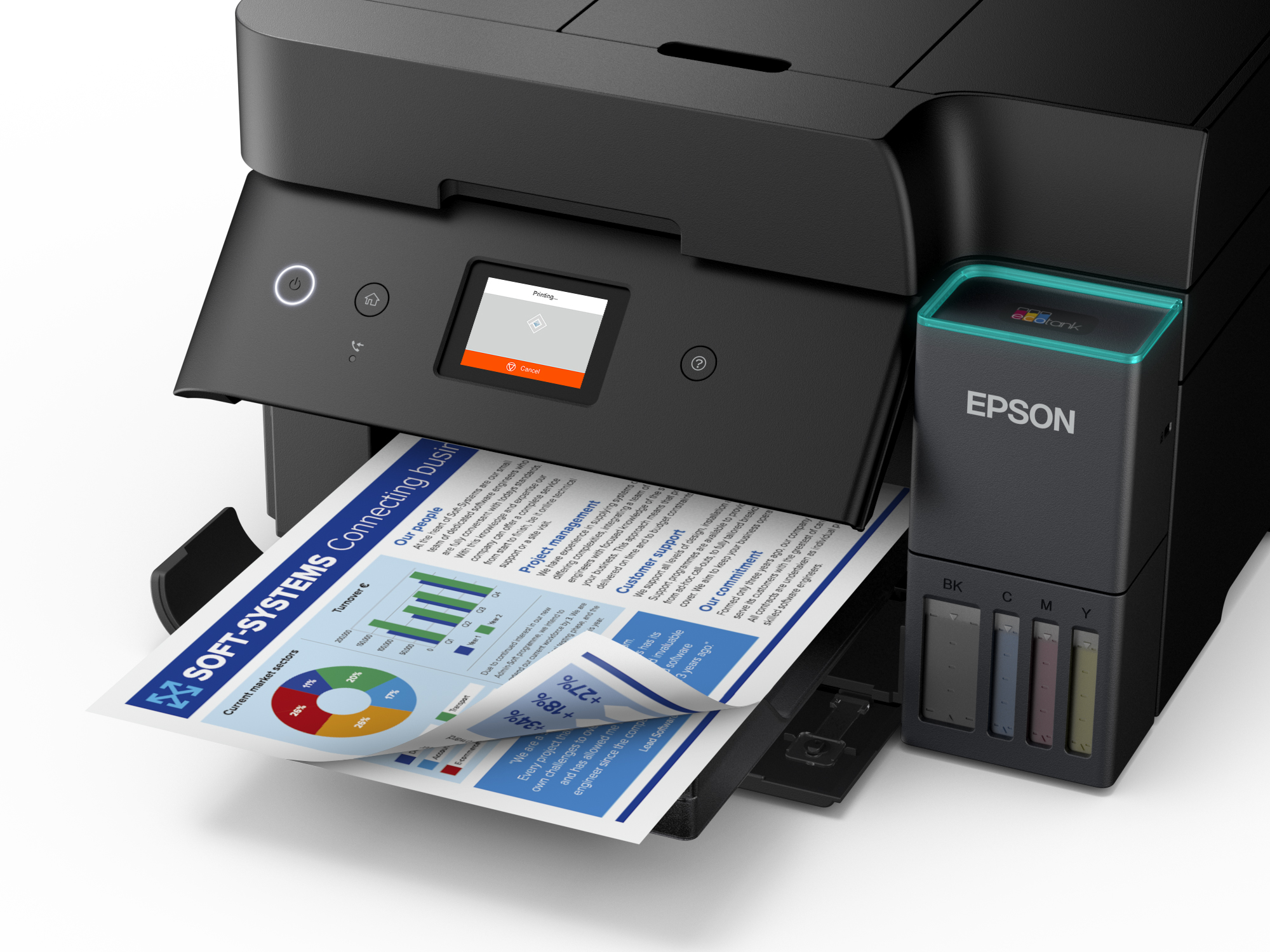 Siyah Epson yazıcı bir belge yazdırıyor. Belgede grafikler ve metinler görüntüleniyor. Yazıcının mürekkep tankları var.