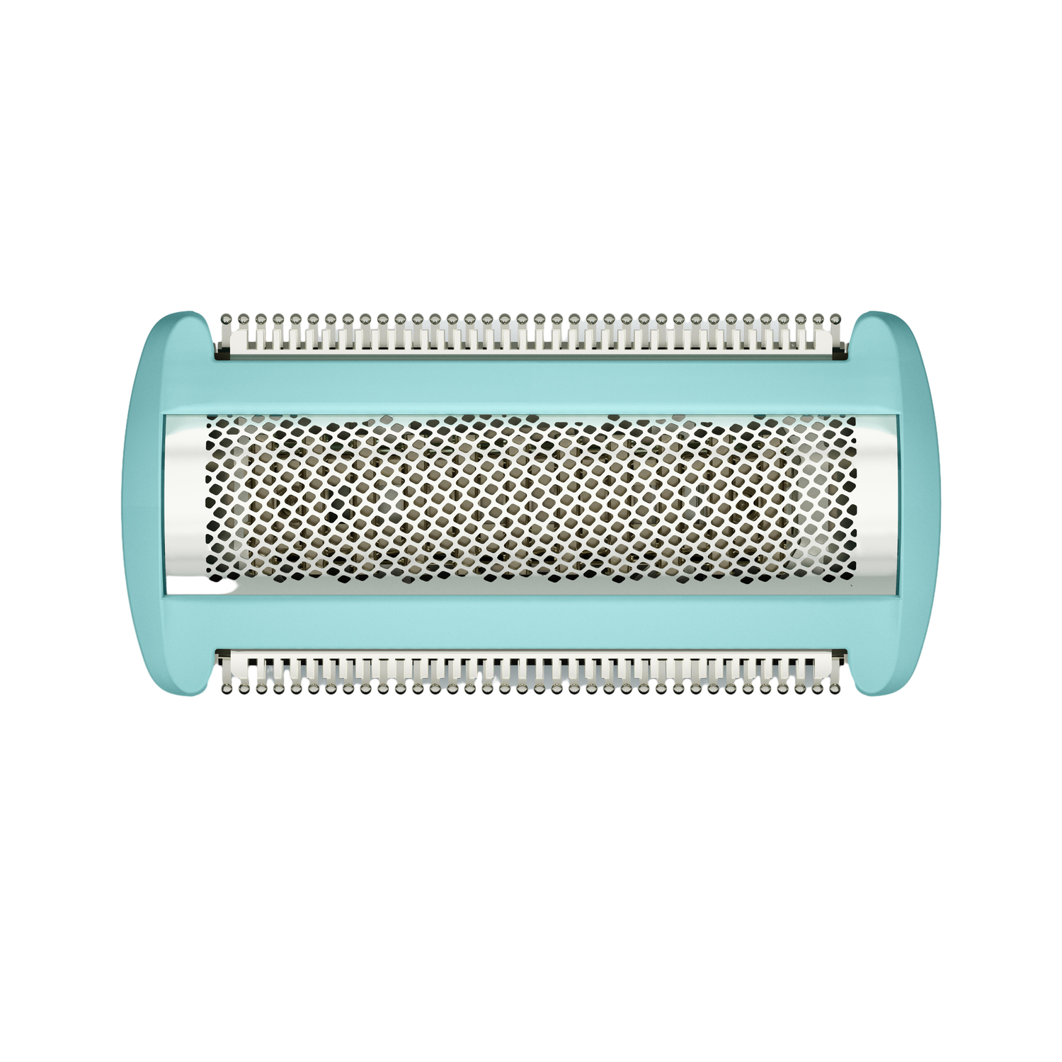 A turquoise and silver foot care tool. It has a cylindrical shape with a grated center and rows of tiny blades on each end.