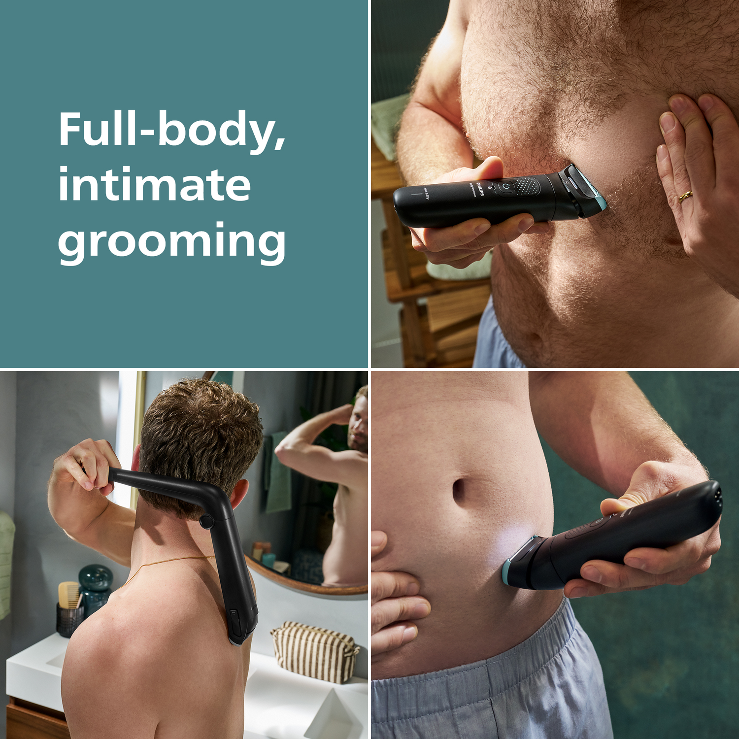 Image showing a man using a grooming device on his body. The scene includes close-ups of shaving different body parts.