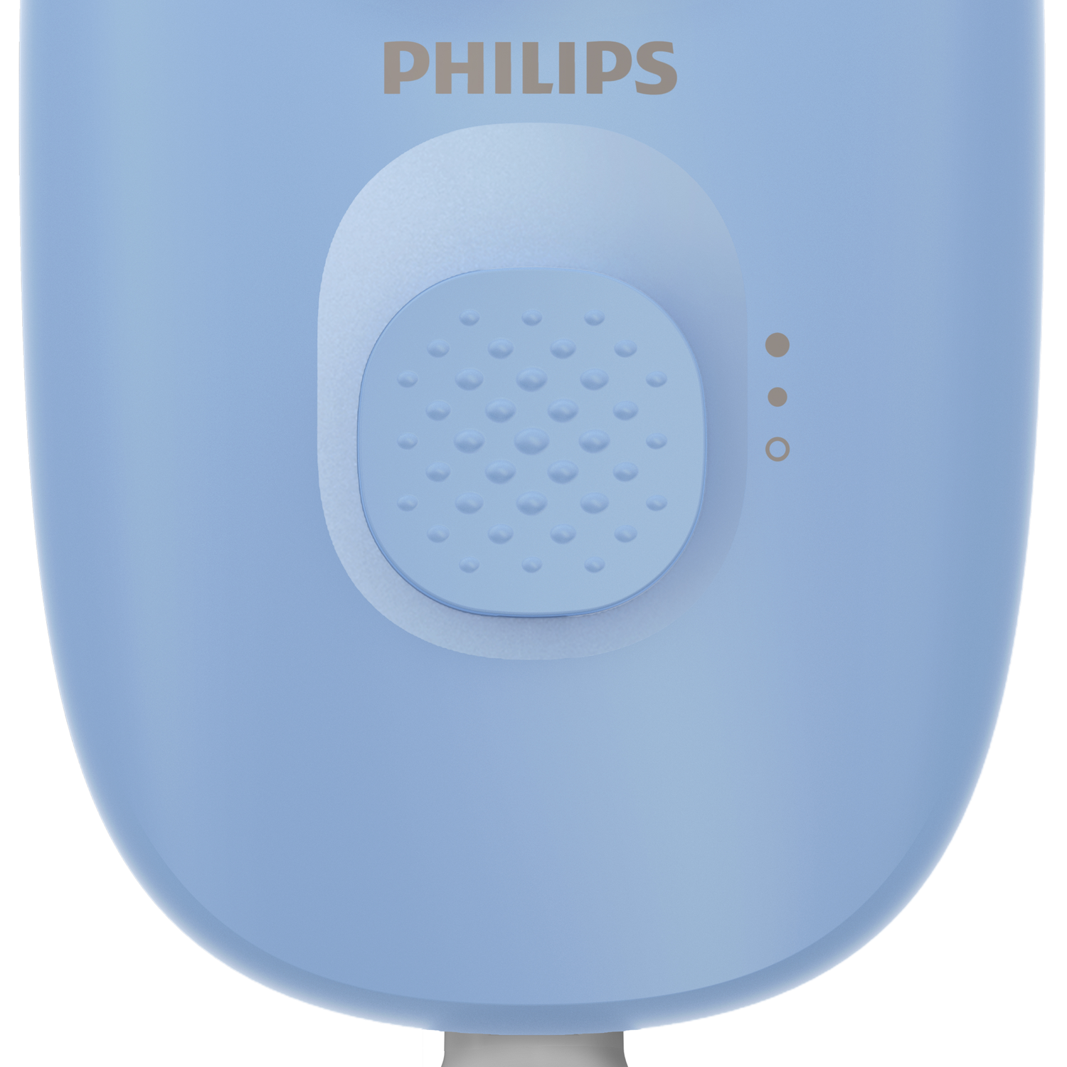 Close-up van een blauw Philips elektrisch scheerapparaat. Het heeft een knop met kleine bobbels en drie indicatielampjes. Het Philips-logo is zichtbaar.