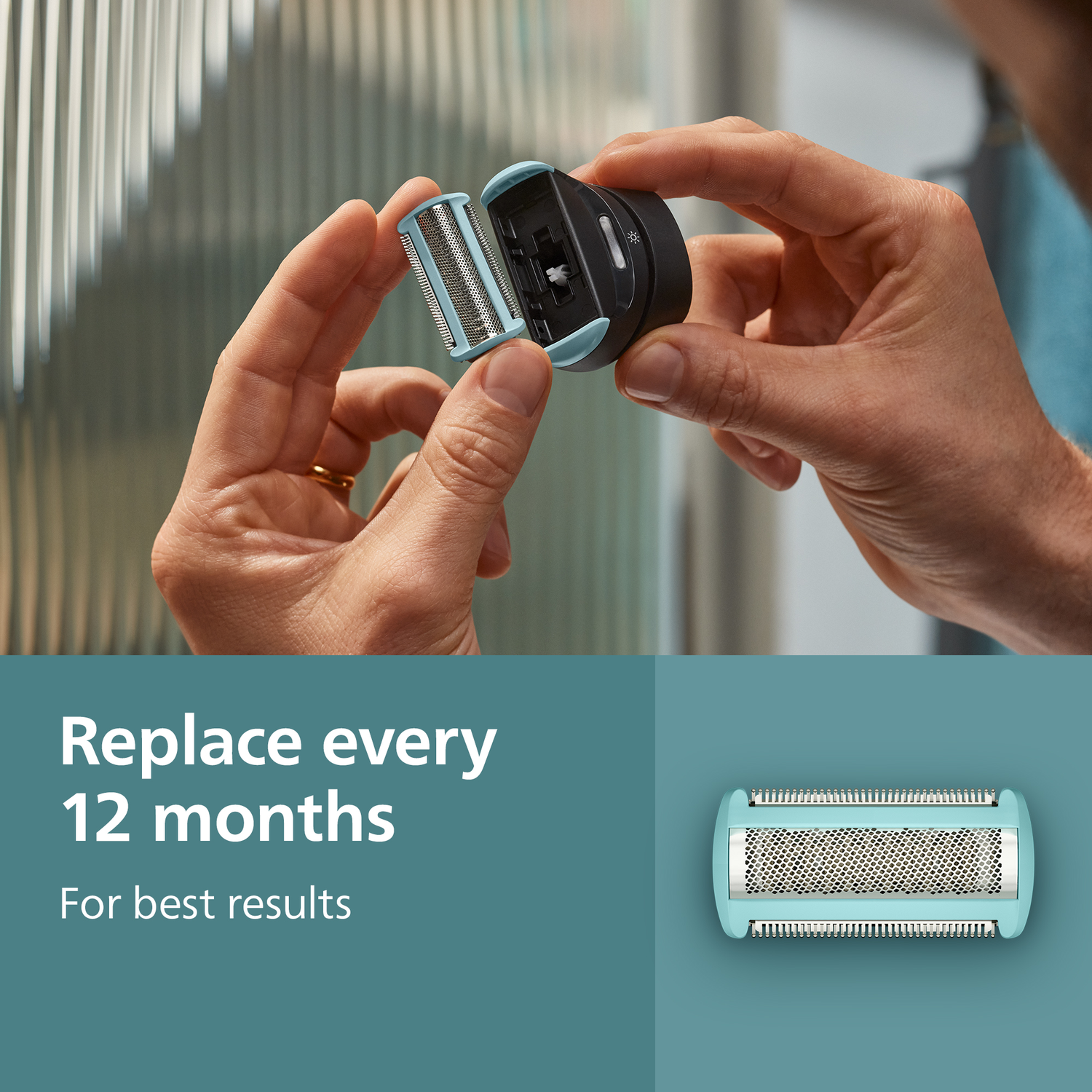 A person holding a razor blade component, a blue-edged shaver head, and the instruction text: Replace every 12 months.