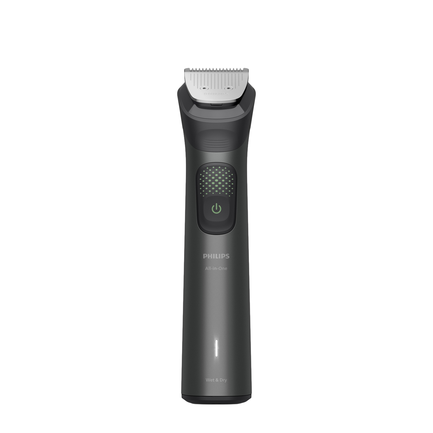 A Philips All-in-One wet and dry shaver. It's dark gray with a silver blade. The power button lights up green, on a black background.