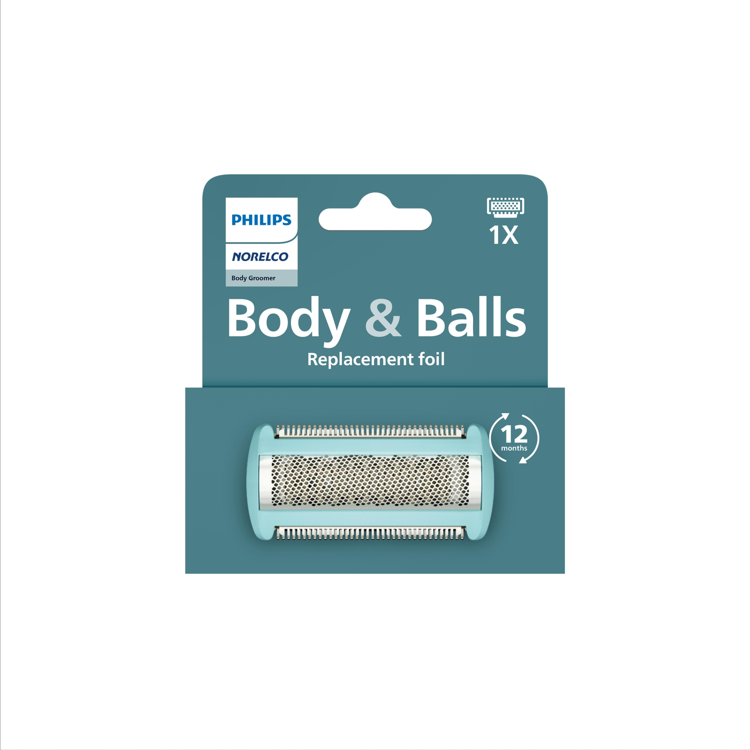 Philips Norelco Body & Balls replacement foil package. Teal background with product and 12 months lifespan icon.