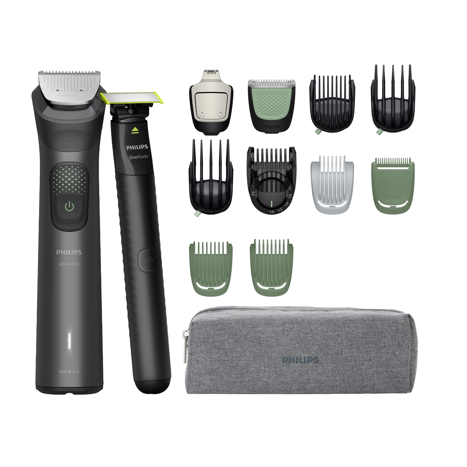 Philips OneBlade en All-in-One trimmers met diverse opzetstukken, waaronder kammen en een draagtas, gerangschikt op een witte achtergrond.