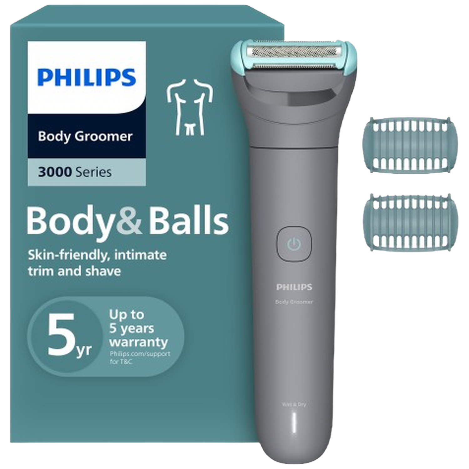 Philips Body Groomer. Grijze scheerapparaat met blauwe accenten, twee trimmeropzetstukken en een blauwgroene doos.