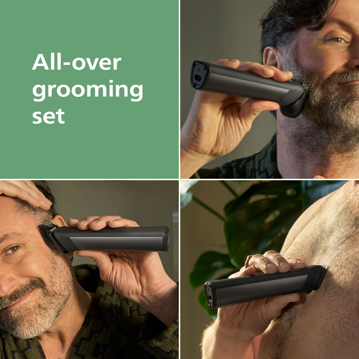Een man scheert zijn baard, hoofd en borst met een zwarte verzorgingsset. Tekst: 'All-over grooming set' op groene achtergrond.