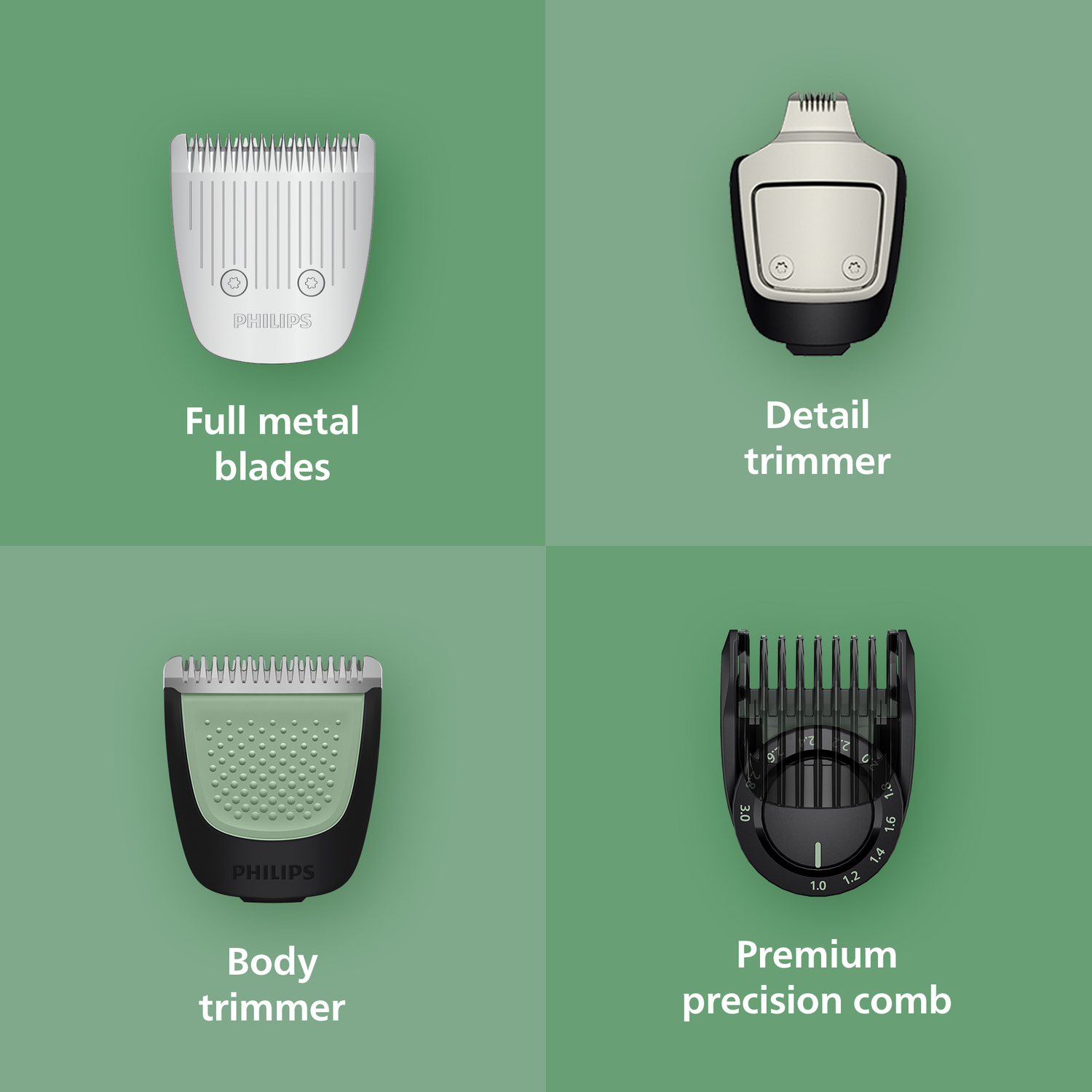 Afbeelding toont vier opzetstukken voor verzorgingstools: volledig metalen mesjes, detailtrimmer, bodytrimmer en precisiekam, allemaal op een groene achtergrond.