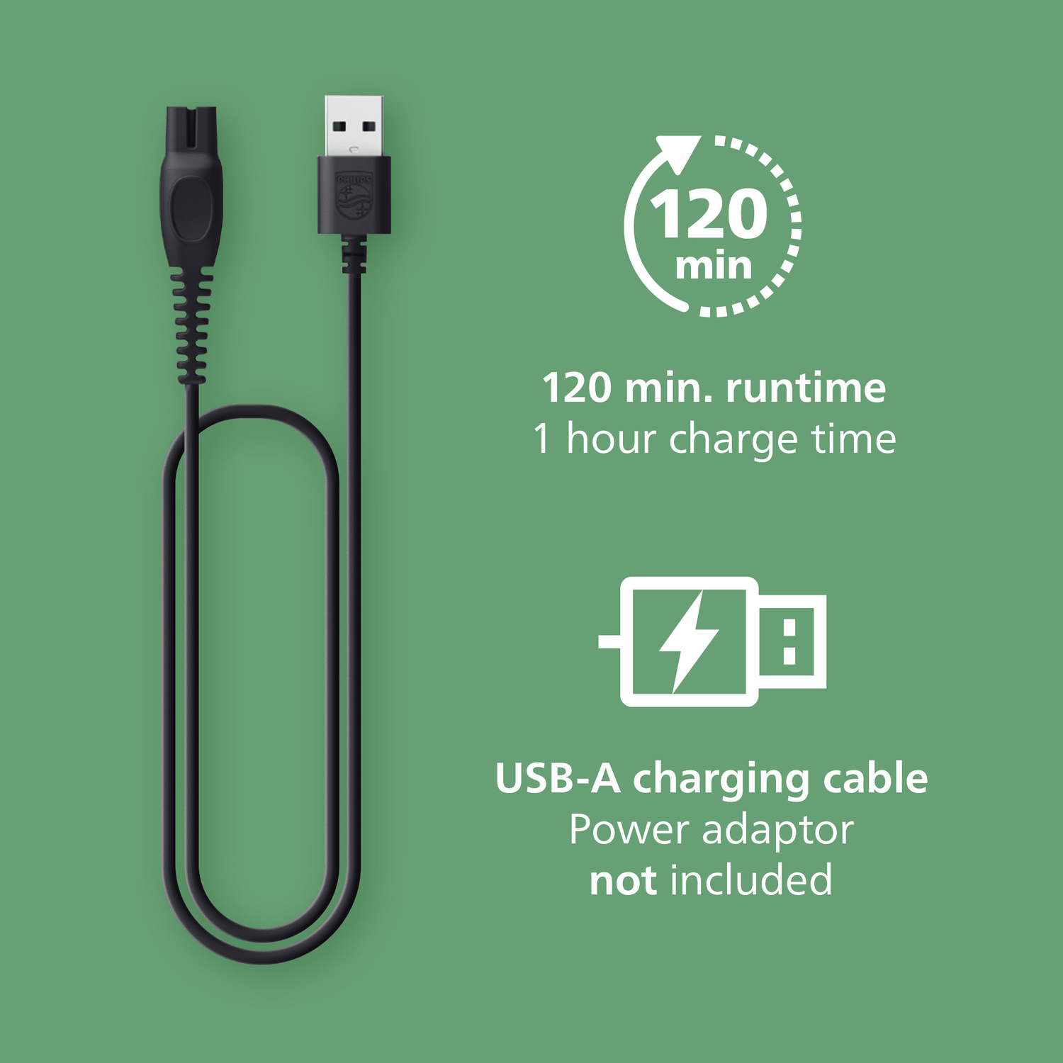 Zwarte oplaadkabel met USB-A-connector. Tekst: 120 min. runtime, 1 uur oplaadtijd. USB-A-kabel, adapter niet inbegrepen.