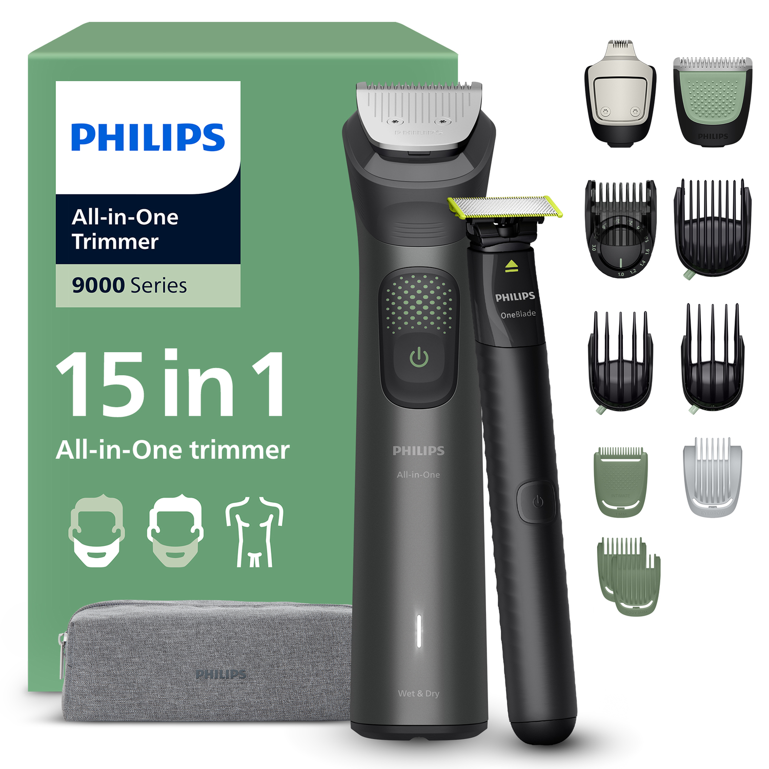 Philips All-in-One trimmerset. Inclusief trimmer, OneBlade, opzetstukken, reisetui en verpakking met details.