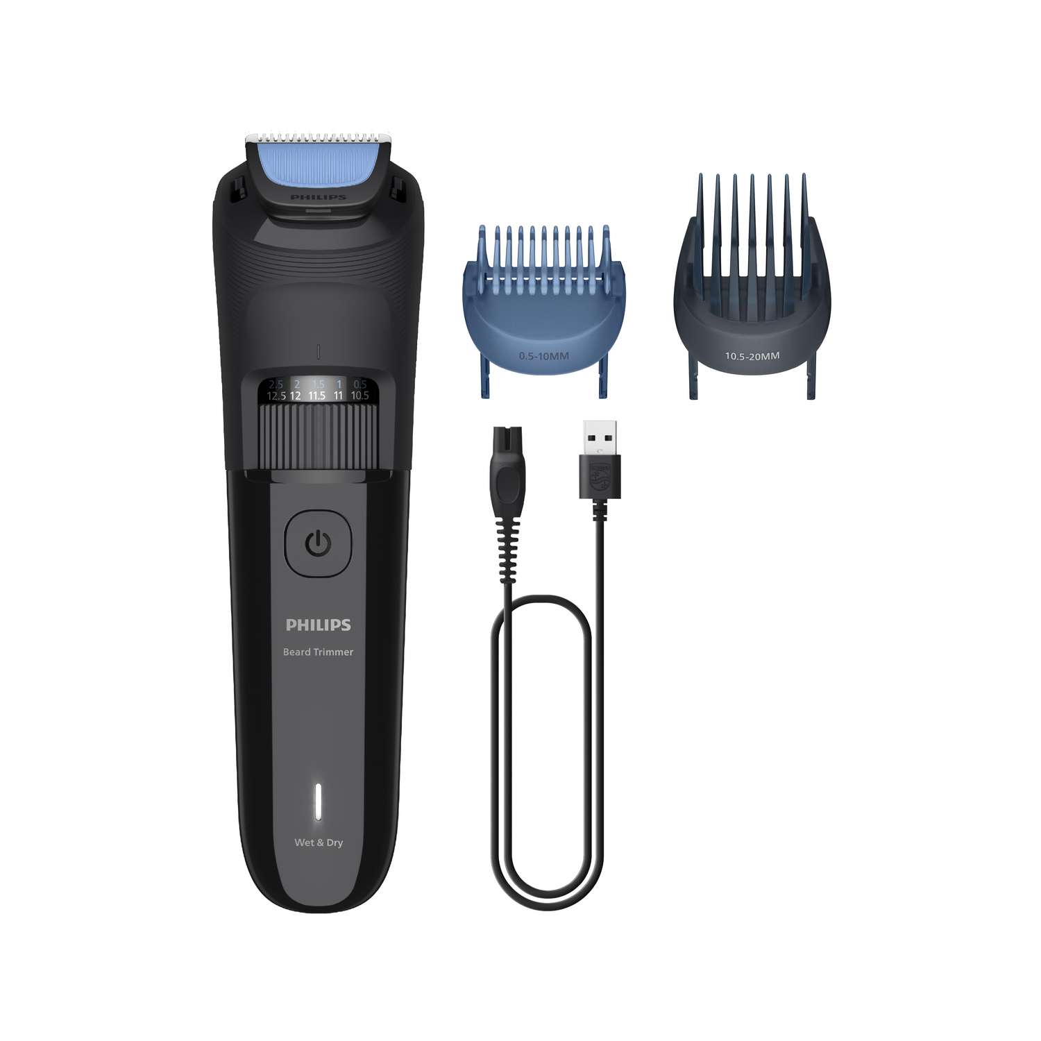 A black Philips beard trimmer with accessories and a charging cable on a white background. The trimmer has adjustable settings.