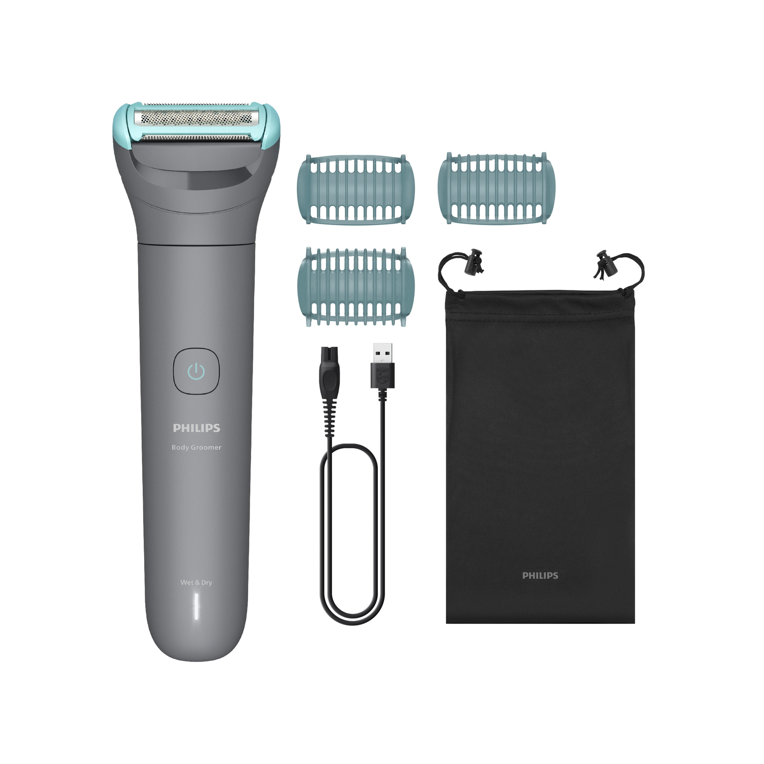A Philips body groomer, grey with teal accents, includes attachments, a charging cable, and a black storage bag, all on a white background.