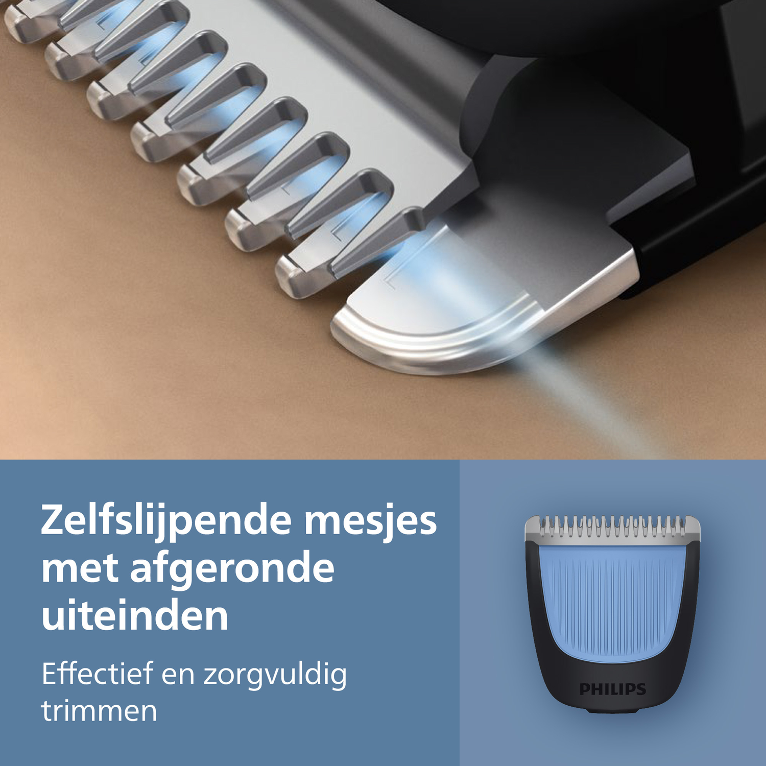 Close-up of a shaver head with self-sharpening blades. The blades are metallic, and there is a blue background with a shaver head illustration.