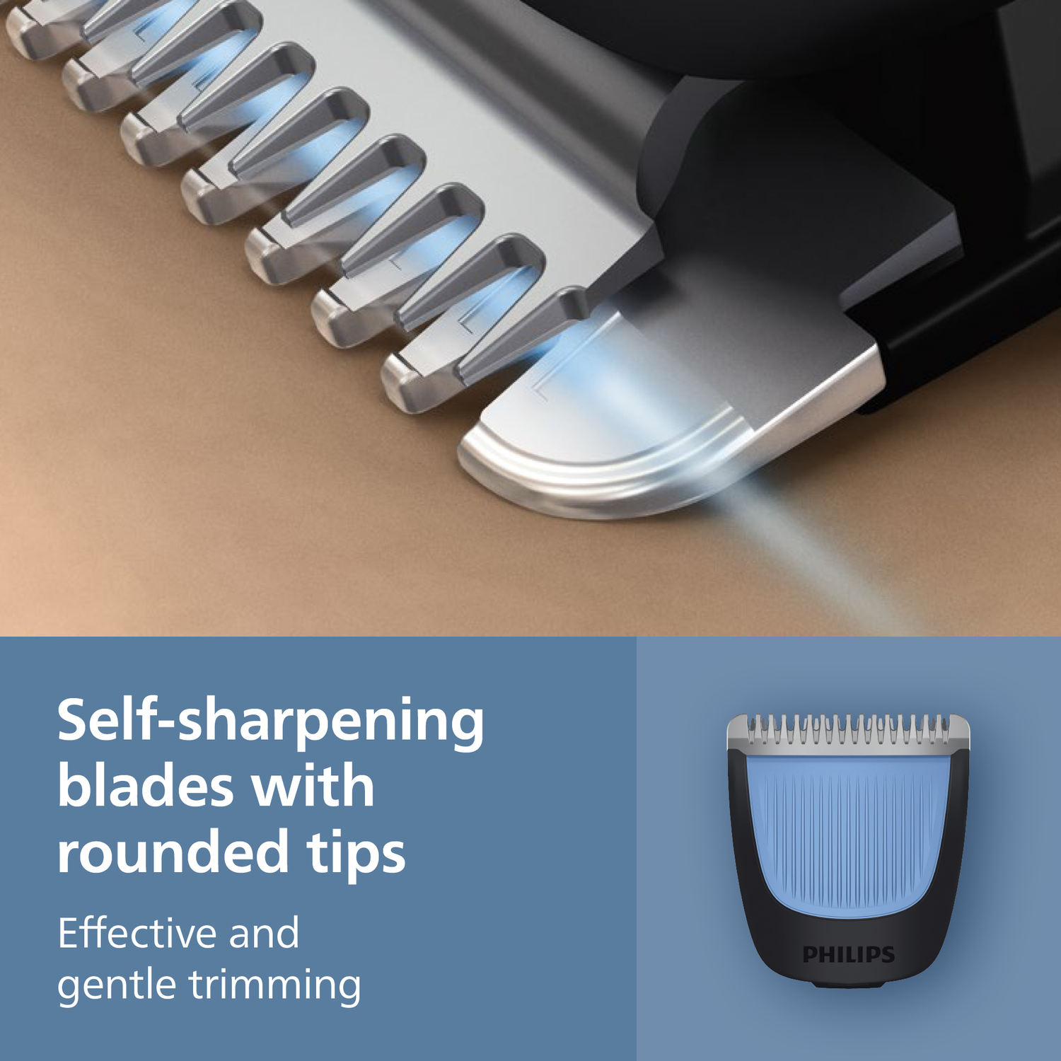 Close-up of razor blades. Features self-sharpening blades with rounded tips. On blue background, a close-up of the trimmer head.