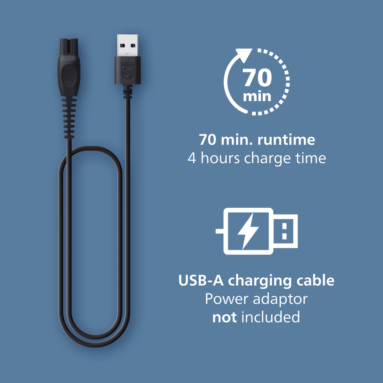 Black charging cable with USB-A connector. Text: 70 min. runtime, 4 hours charge time. USB-A charging cable, power adaptor not included.