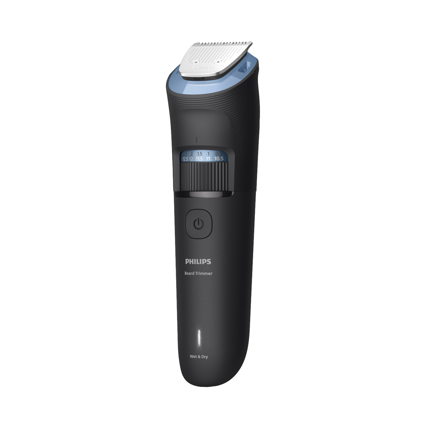 A black Philips beard trimmer on a black background. The trimmer has a silver blade and a blue accent. It has length settings.