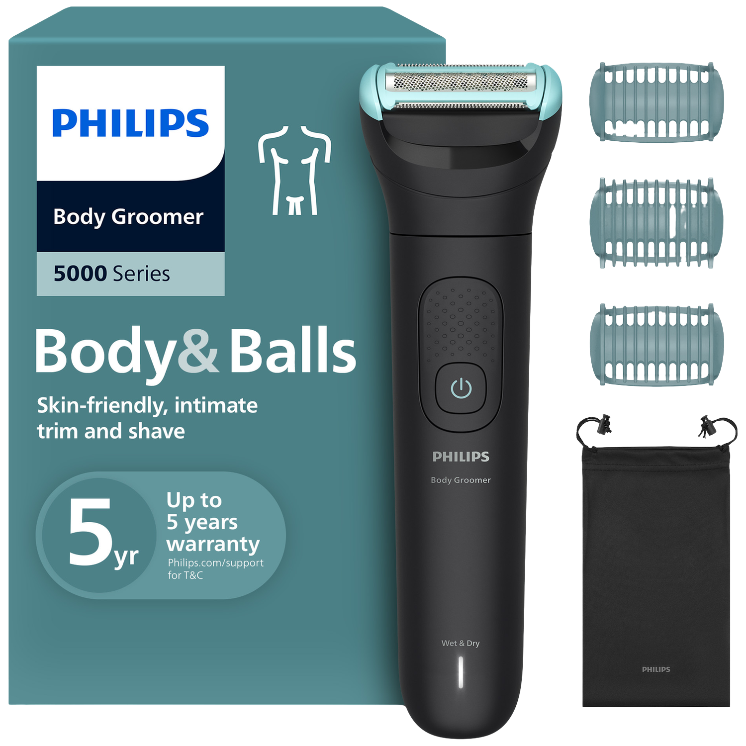 Philips Body Groomer. Zwarte en blauwgroene scheerapparaat met accessoires en een zwarte tas. Tekst: Body & Balls, 5 jaar garantie.