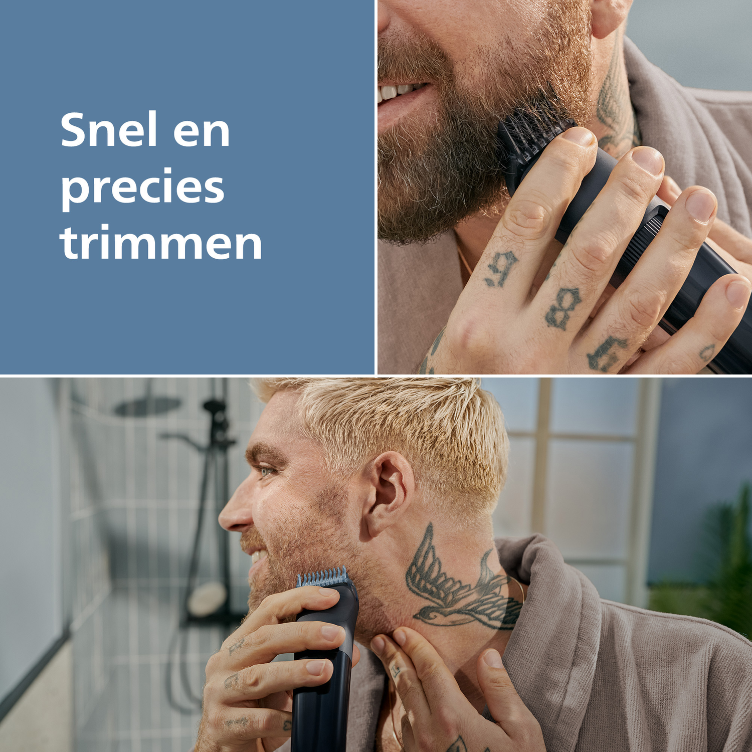 A man trims his beard with a trimmer. He has tattoos on his neck and hands. The background shows a bathroom.