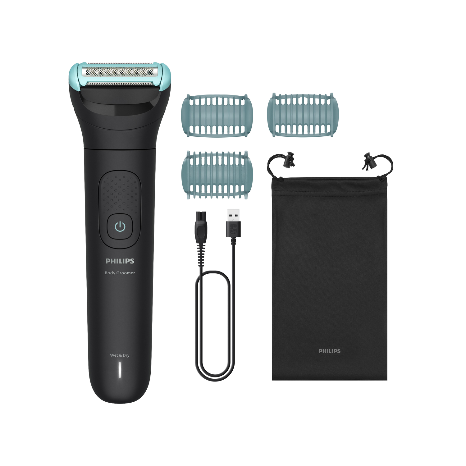 Een Philips bodygroomer met accessoires: drie opzetstukken, oplaadkabel en een zwarte reistas, alles op een witte achtergrond.