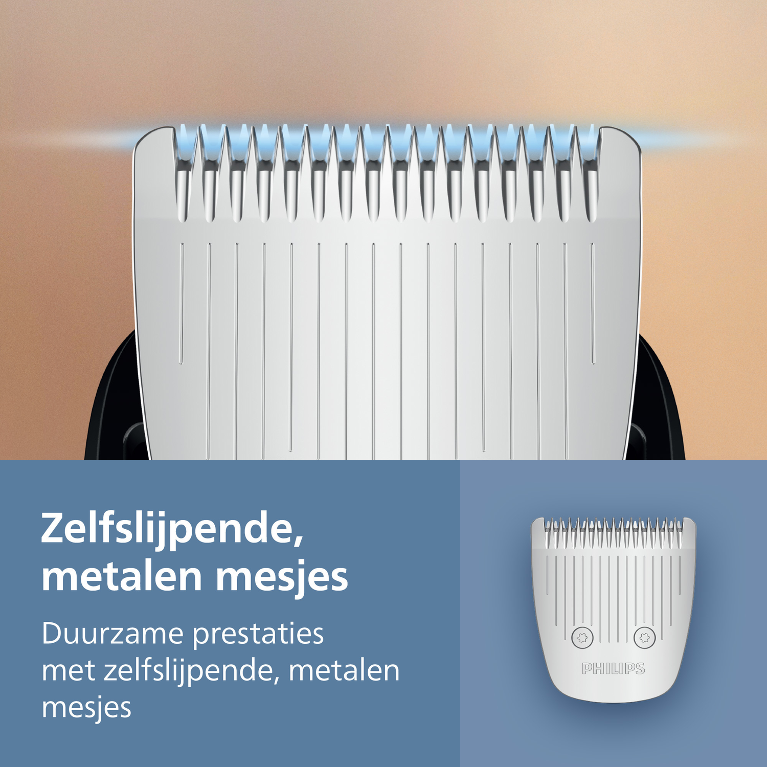Close-up of a Philips shaver head. Blades are silver, emitting blue light. Text says self-sharpening metal blades for durable performance.