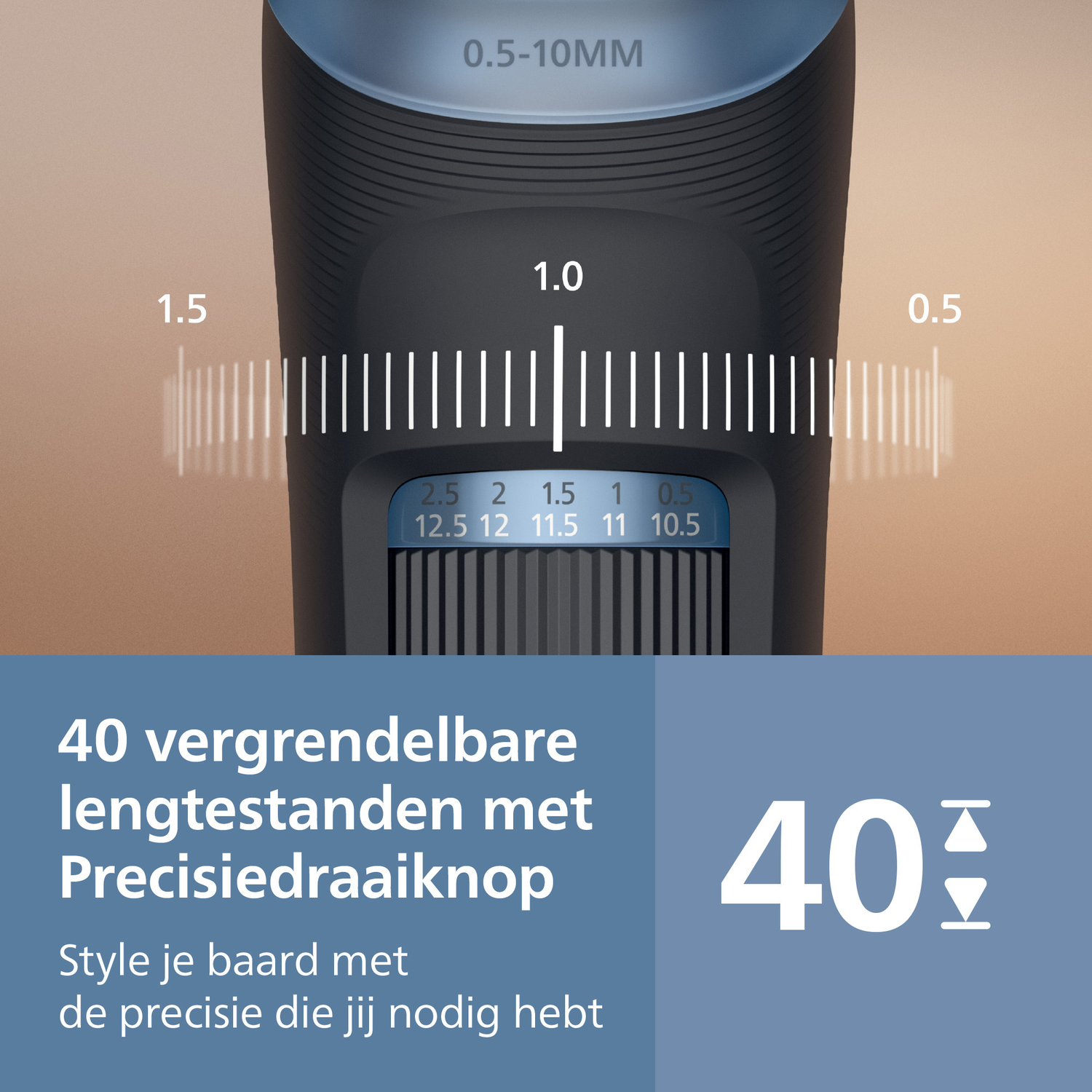 Detail of a black beard trimmer showing length settings. Text indicates 40 length settings.